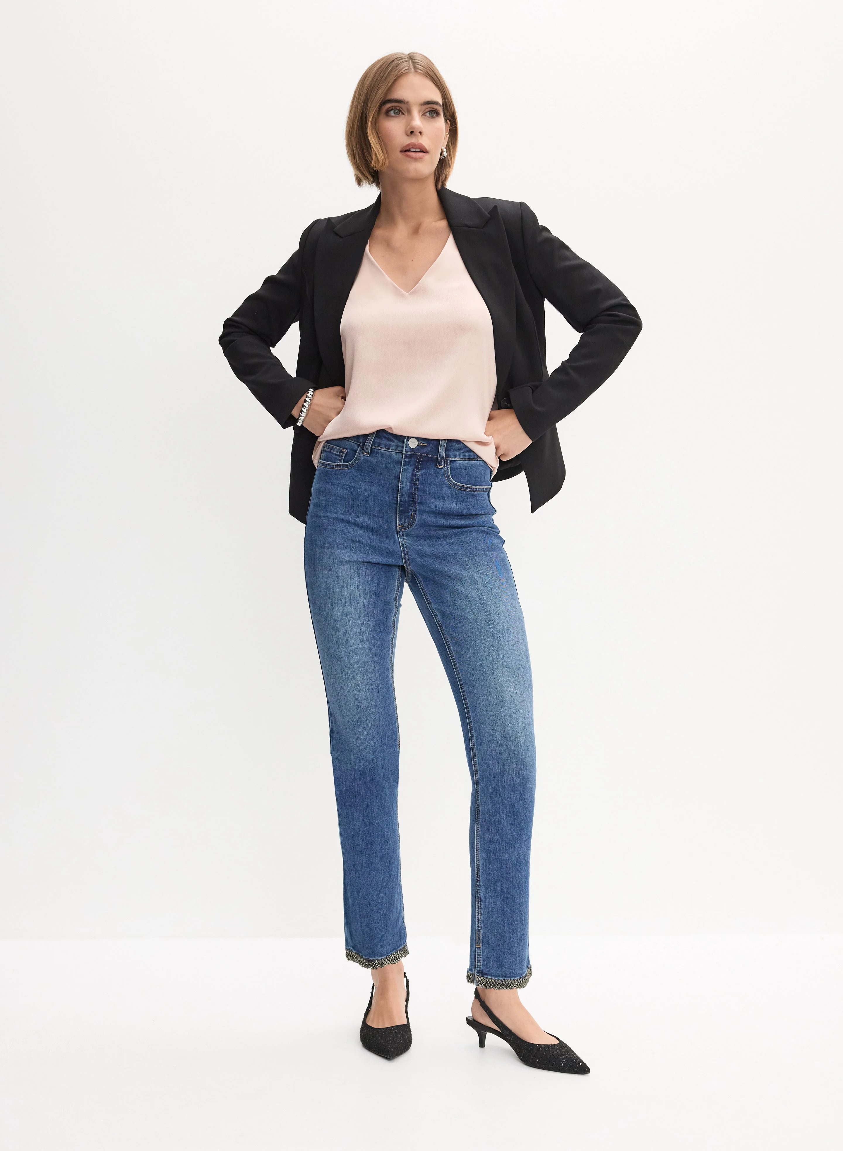 Single-Button Blazer & Hem Detail Jeans