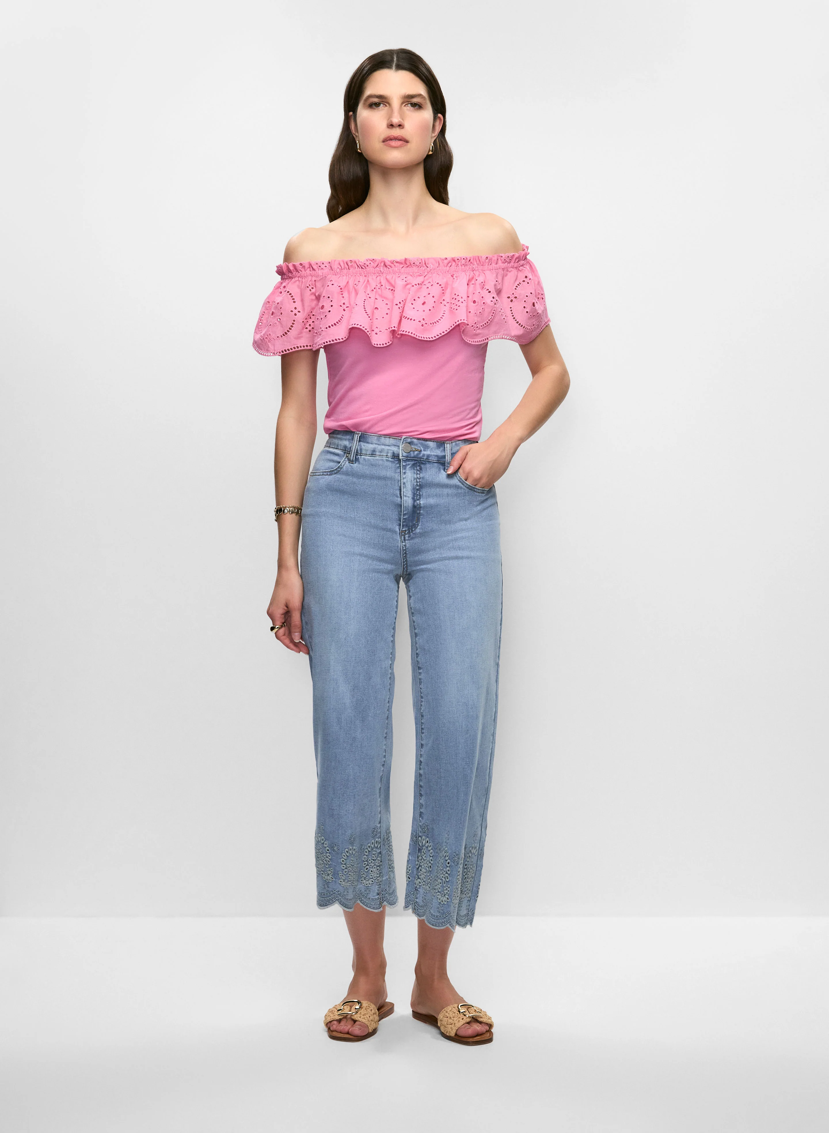 Off-the-Shoulder Eyelet Top & Embroidered Hem Jeans
