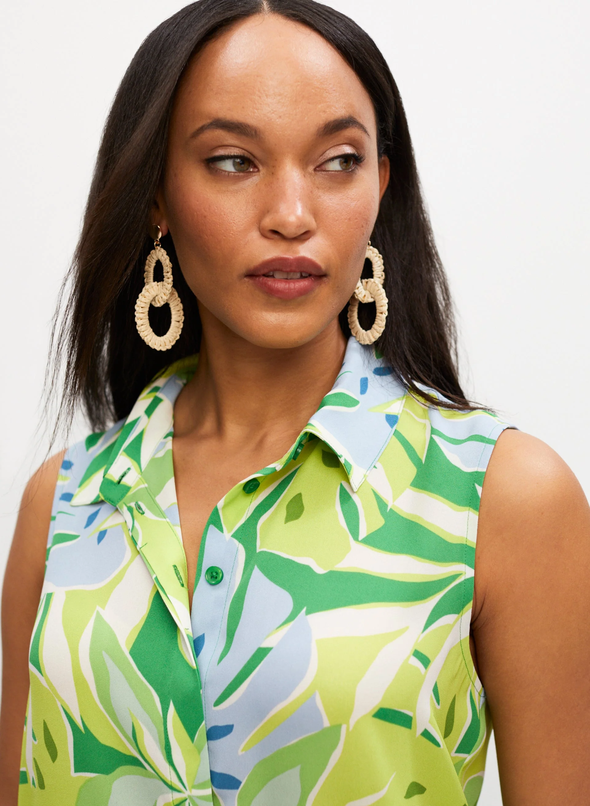 Palm Leaf Print Sleeveless Blouse - Image 2
