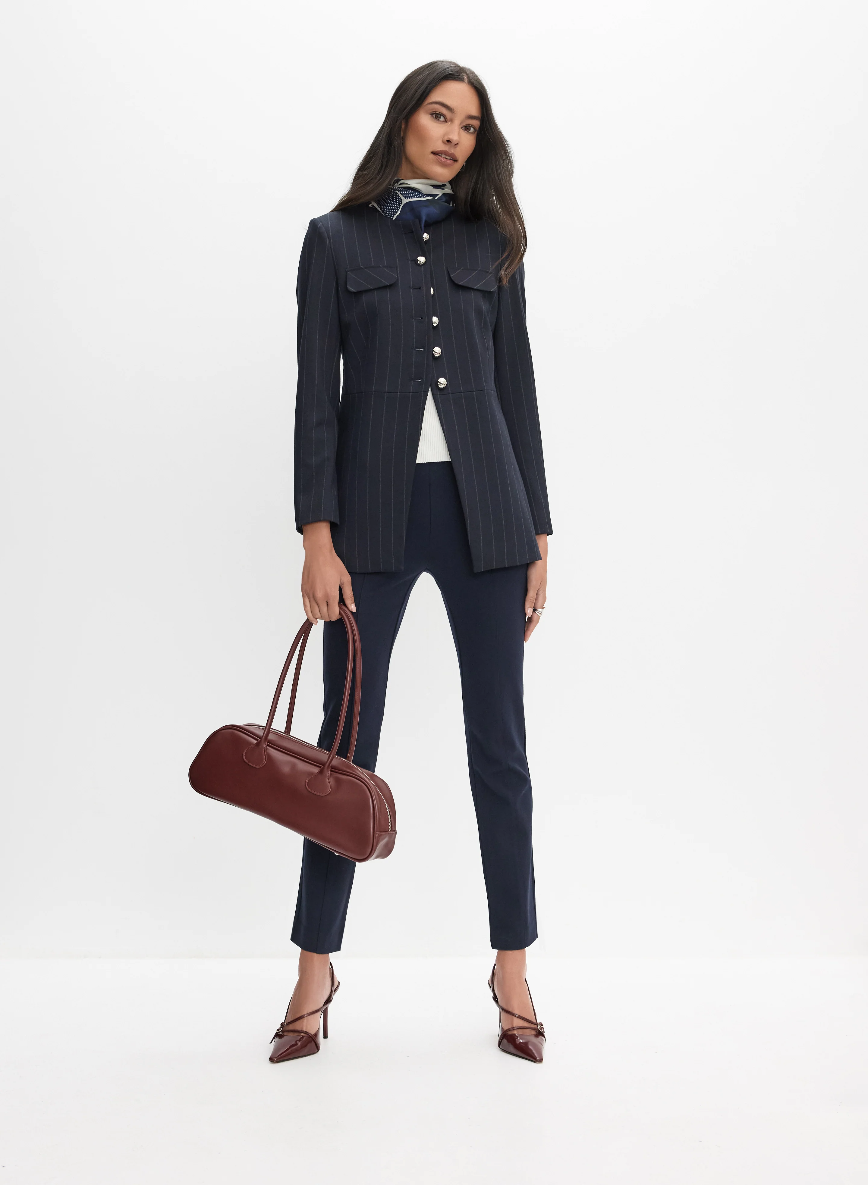 Pinstripe Button Coat & Madison Slim-Leg Pants