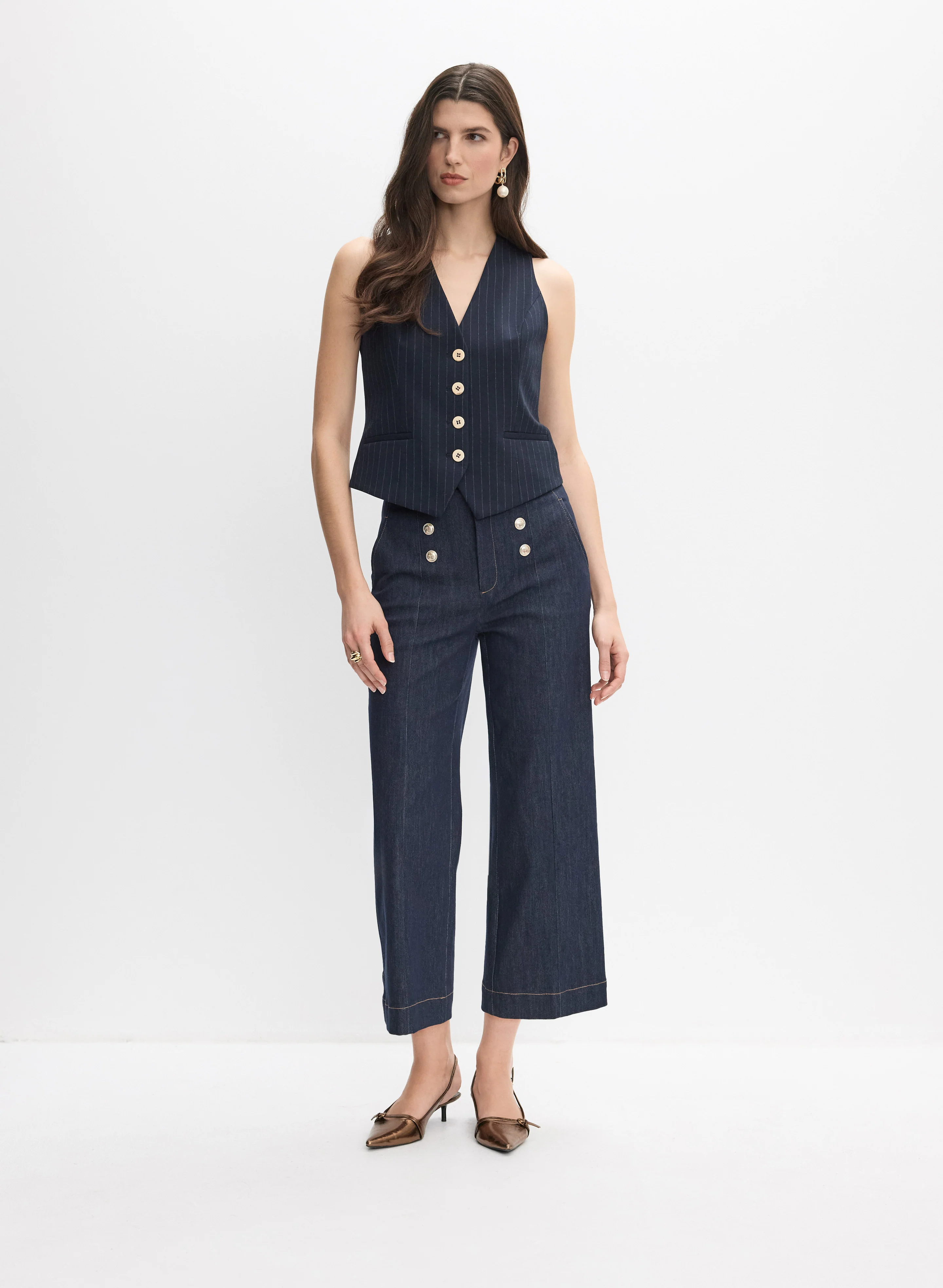 Pinstripe Button Vest & Button Detail Denim Culottes