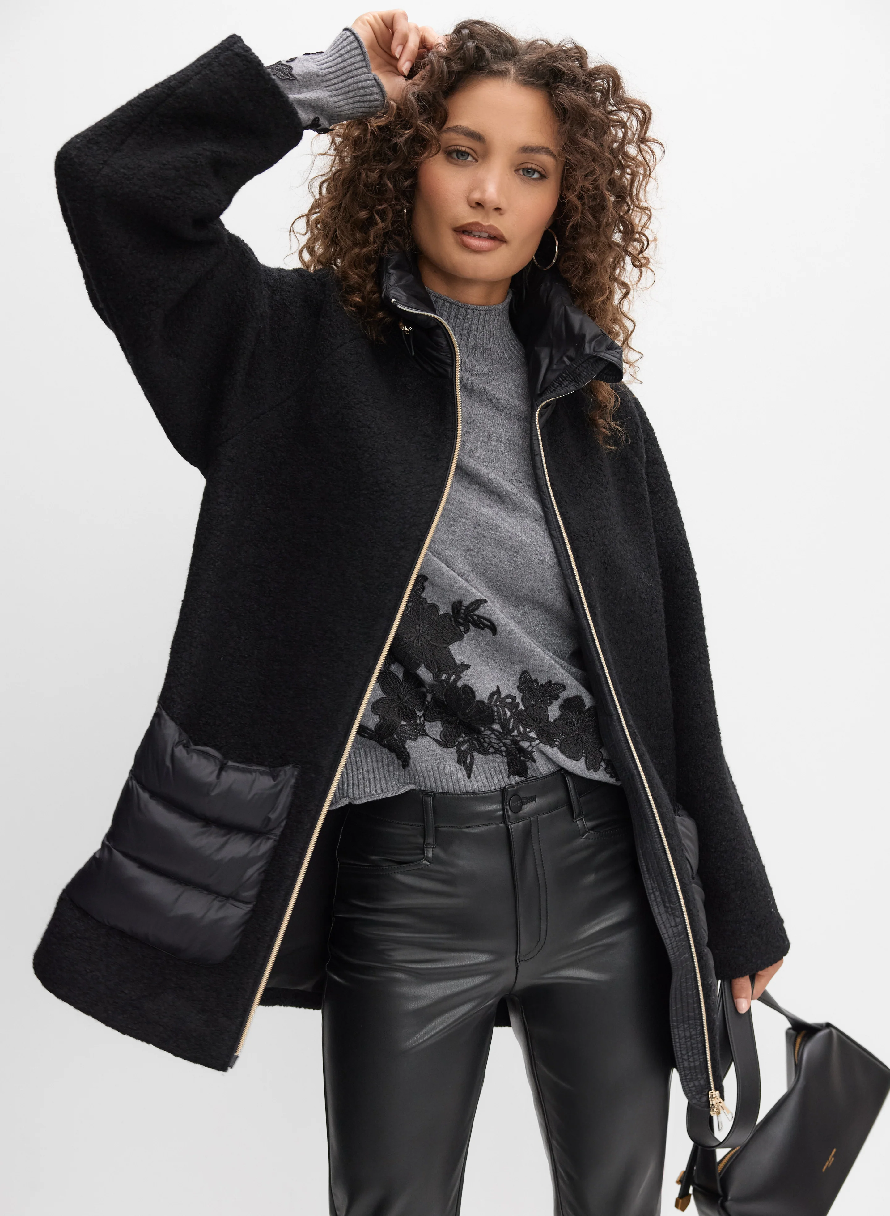 Quilted Detail Boiled Wool Coat & Lace Applique Sweater