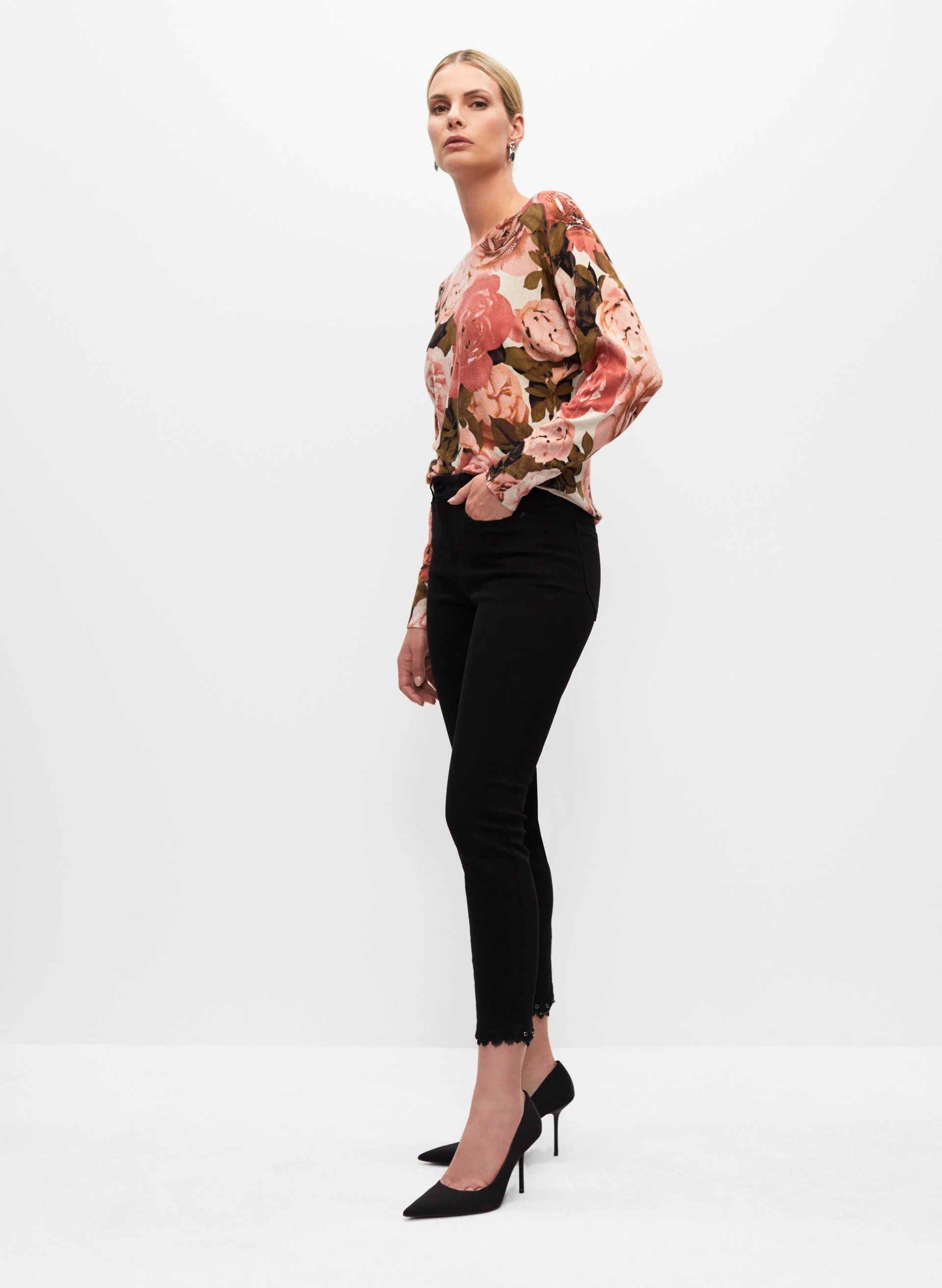 Rhinestone Detail Rose Print Sweater - Image 3