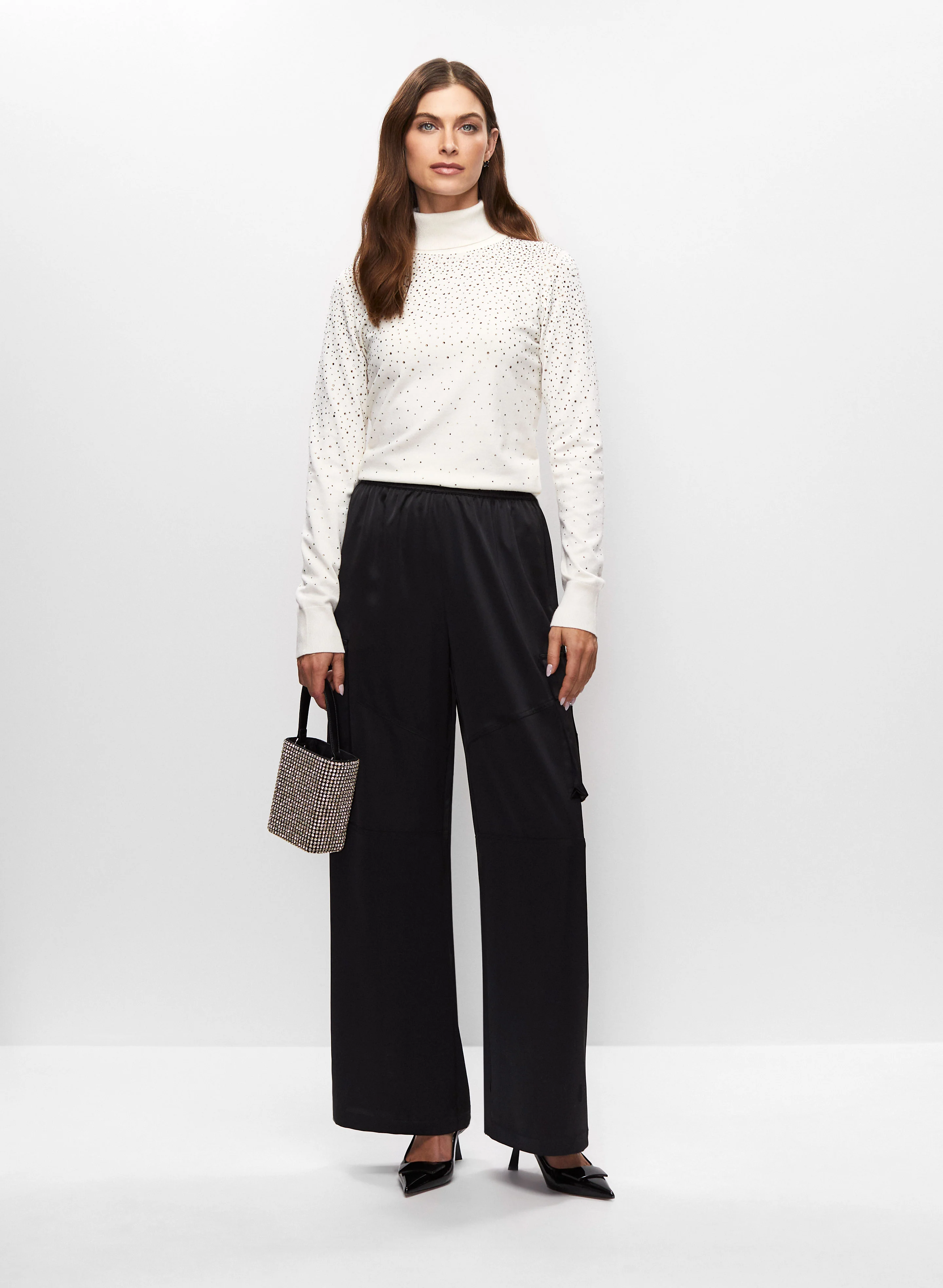 Rhinestone Detail Sweater & Satin Cargo Pants - Image 2