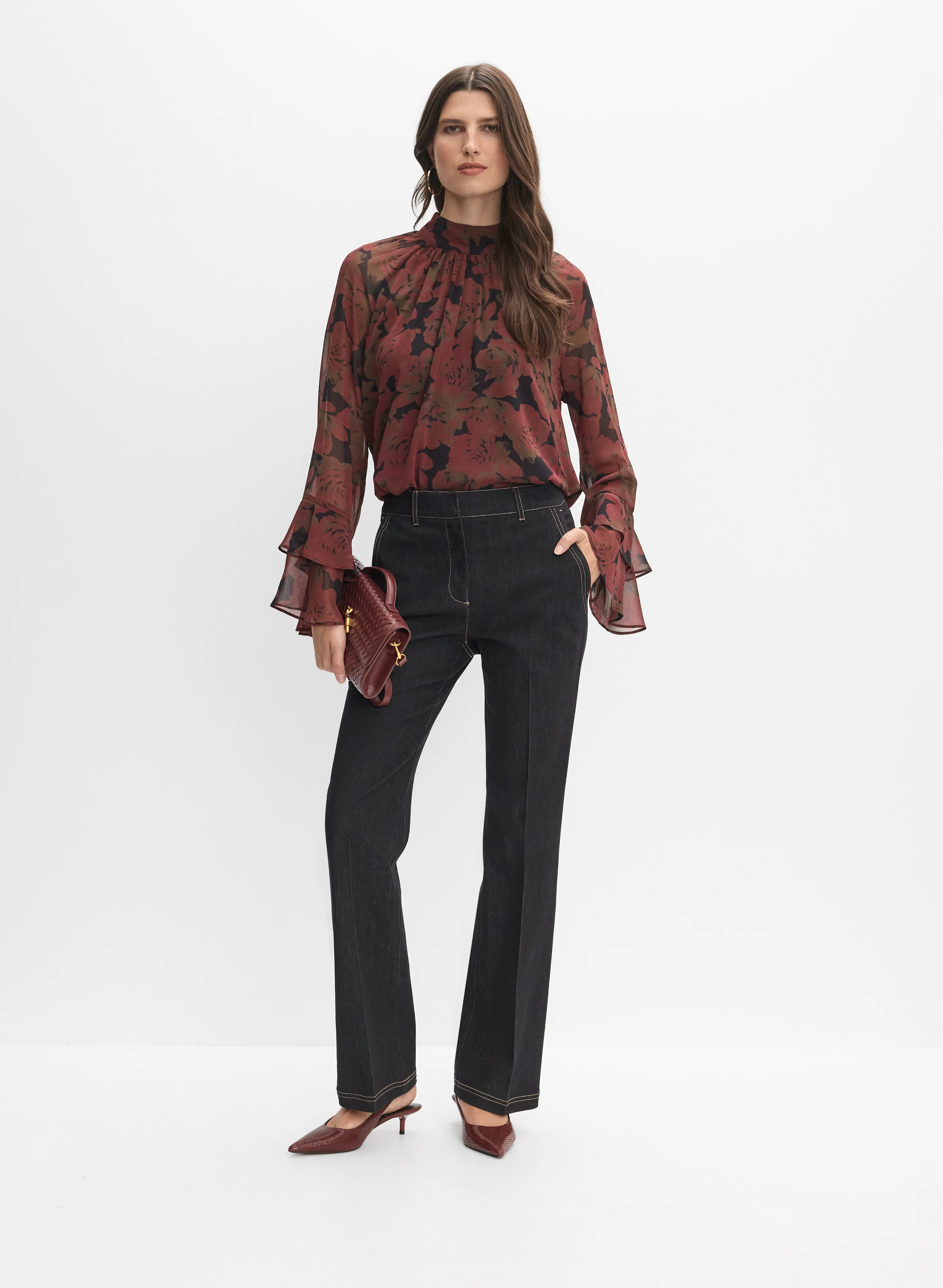 Rose Print Chiffon Blouse & Contrast Stitch Flare-Leg Jeans