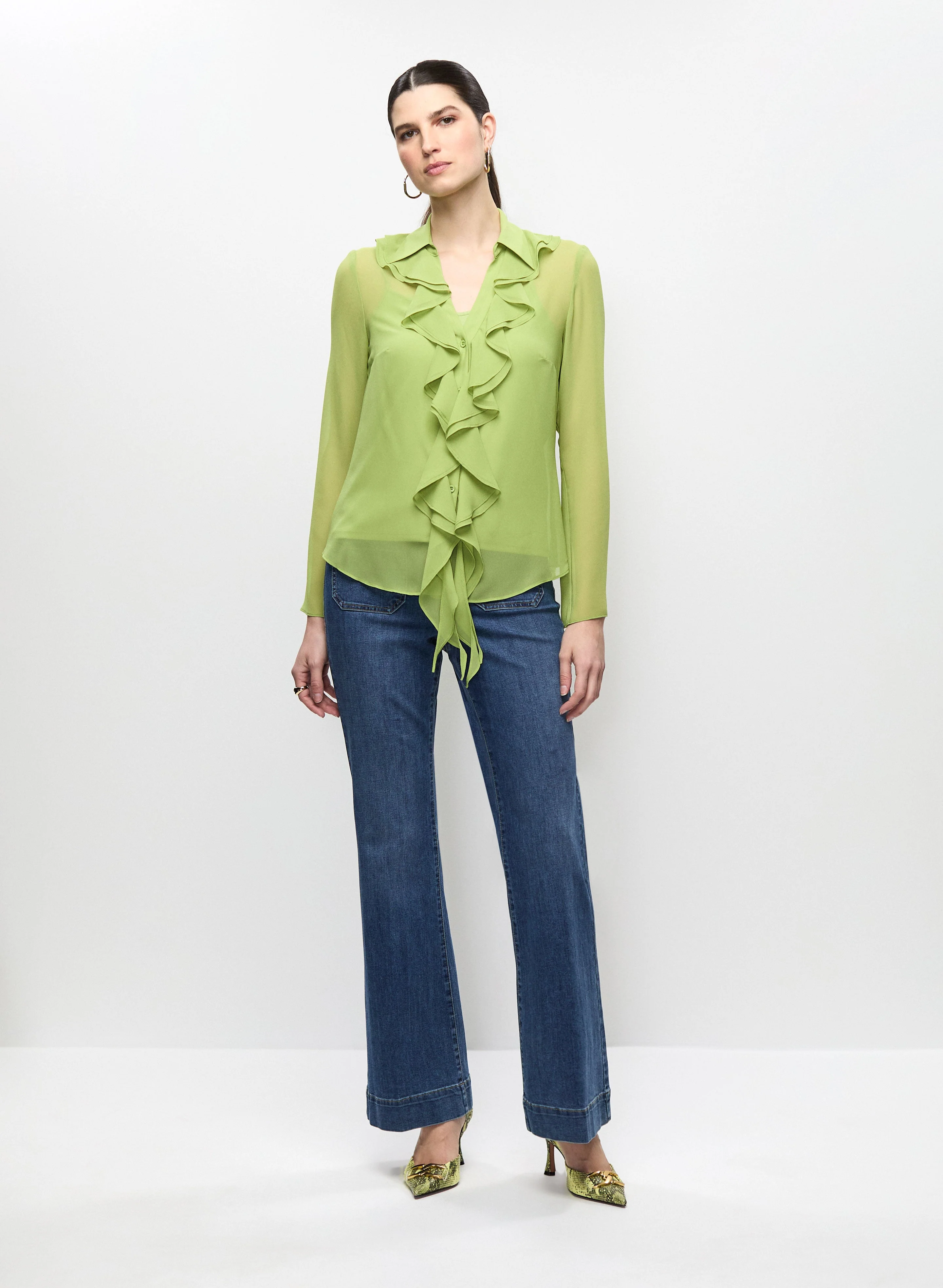 Ruffled Chiffon Shirt & Flare Leg Jeans