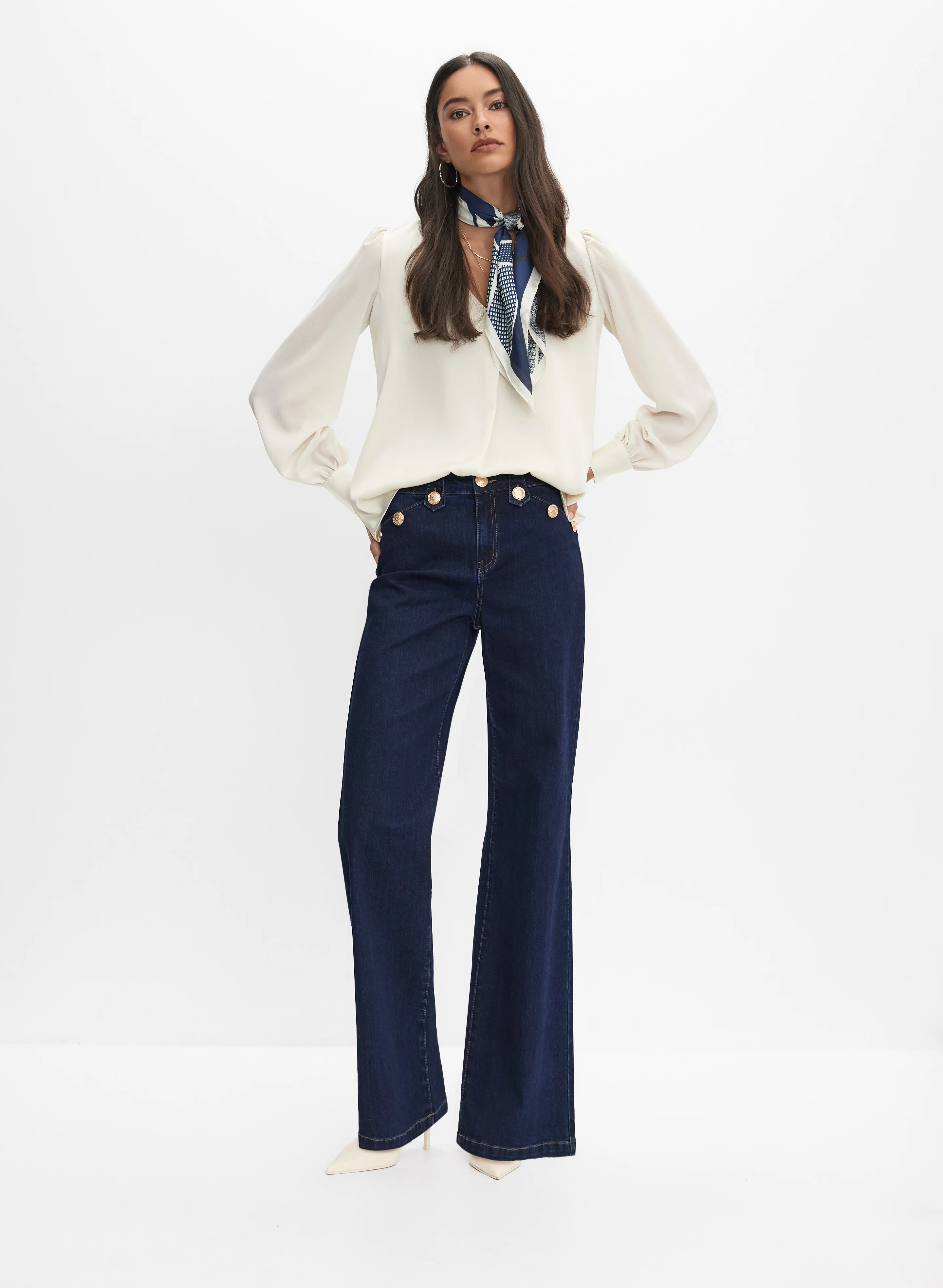Satin Detail Blouse & Embossed Button Jeans