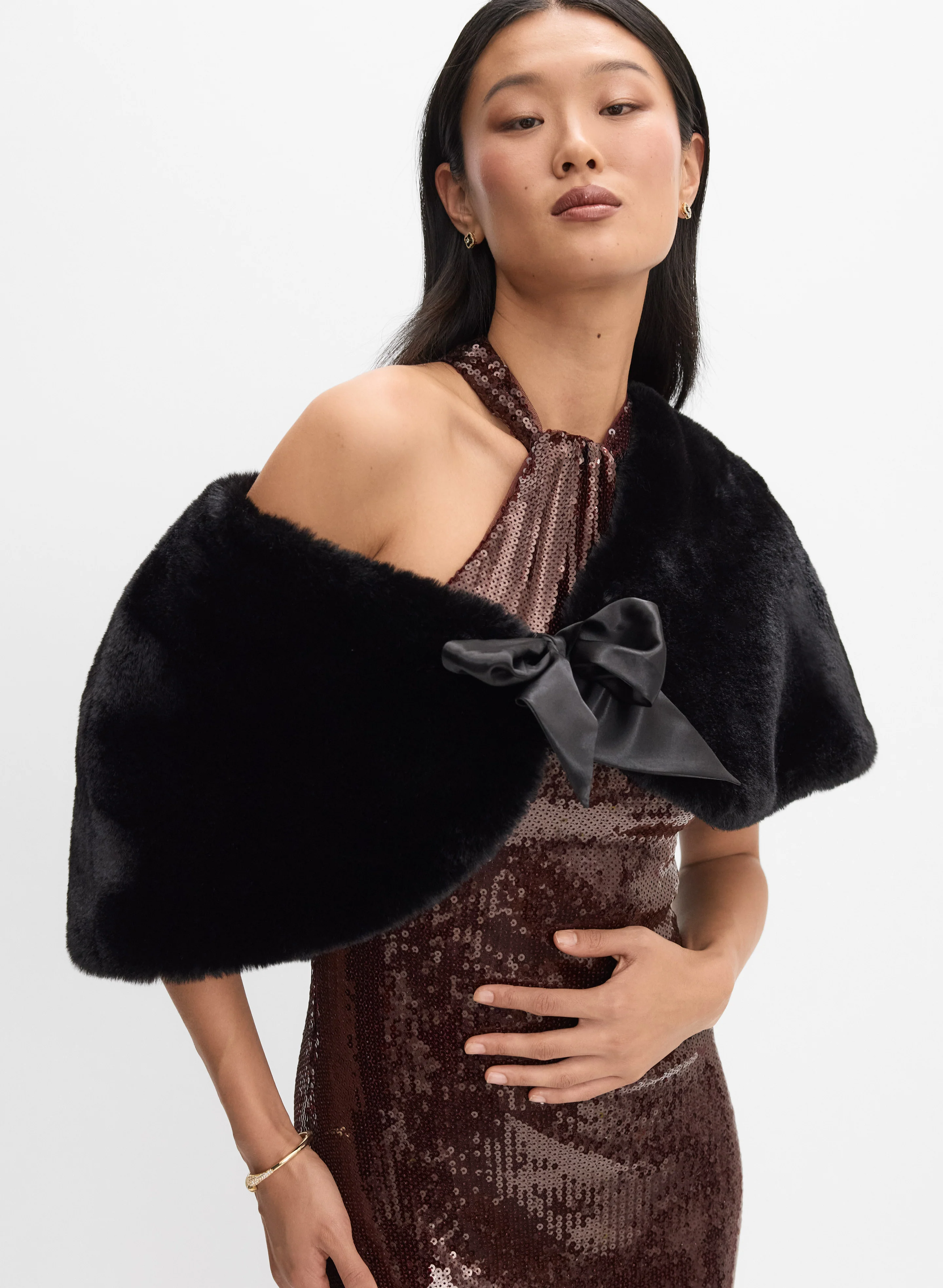 Satin Tie Faux Fur Stole