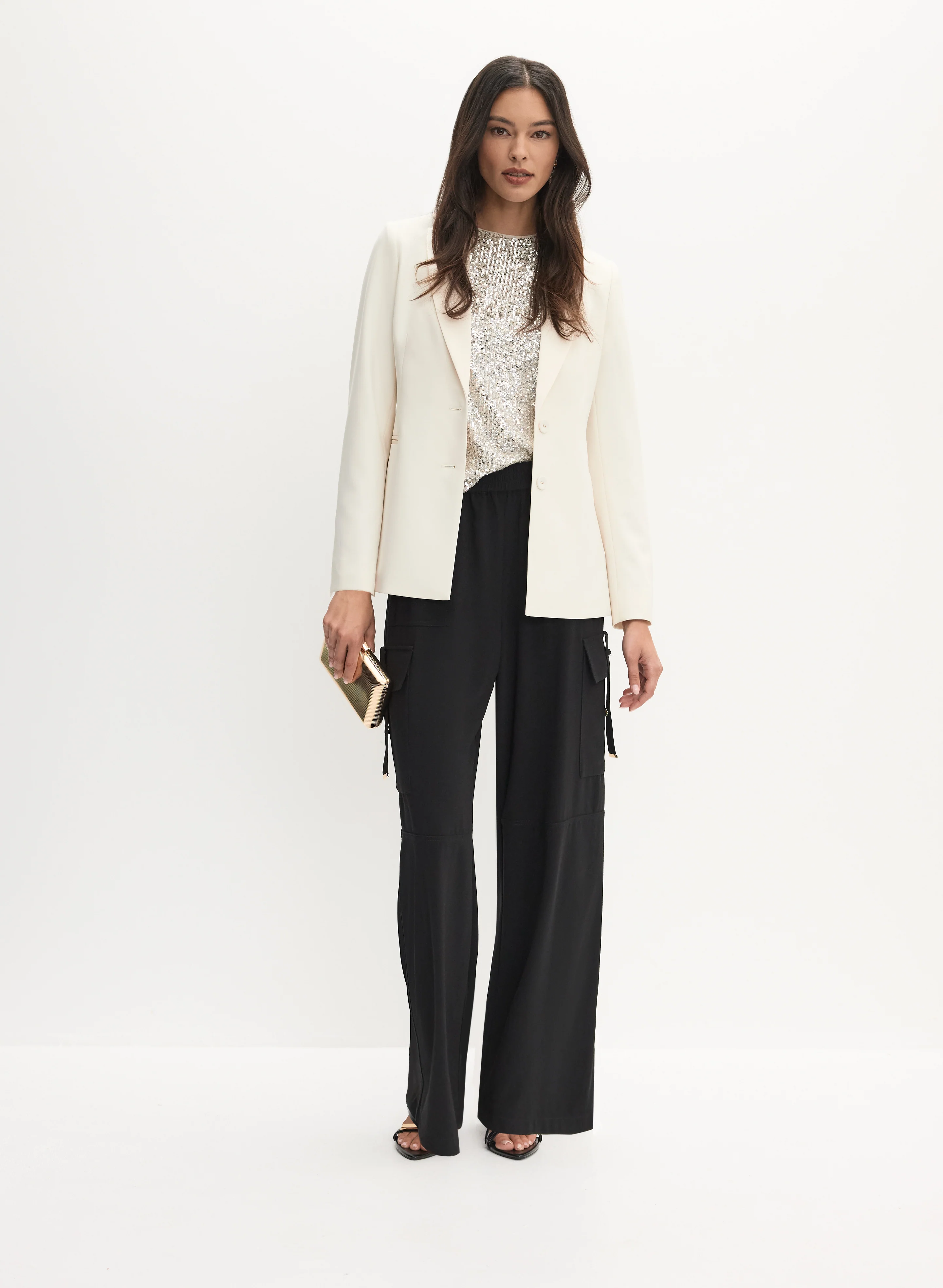 Satin Trim Tuxedo Jacket & Wide-Leg Cargo Pants