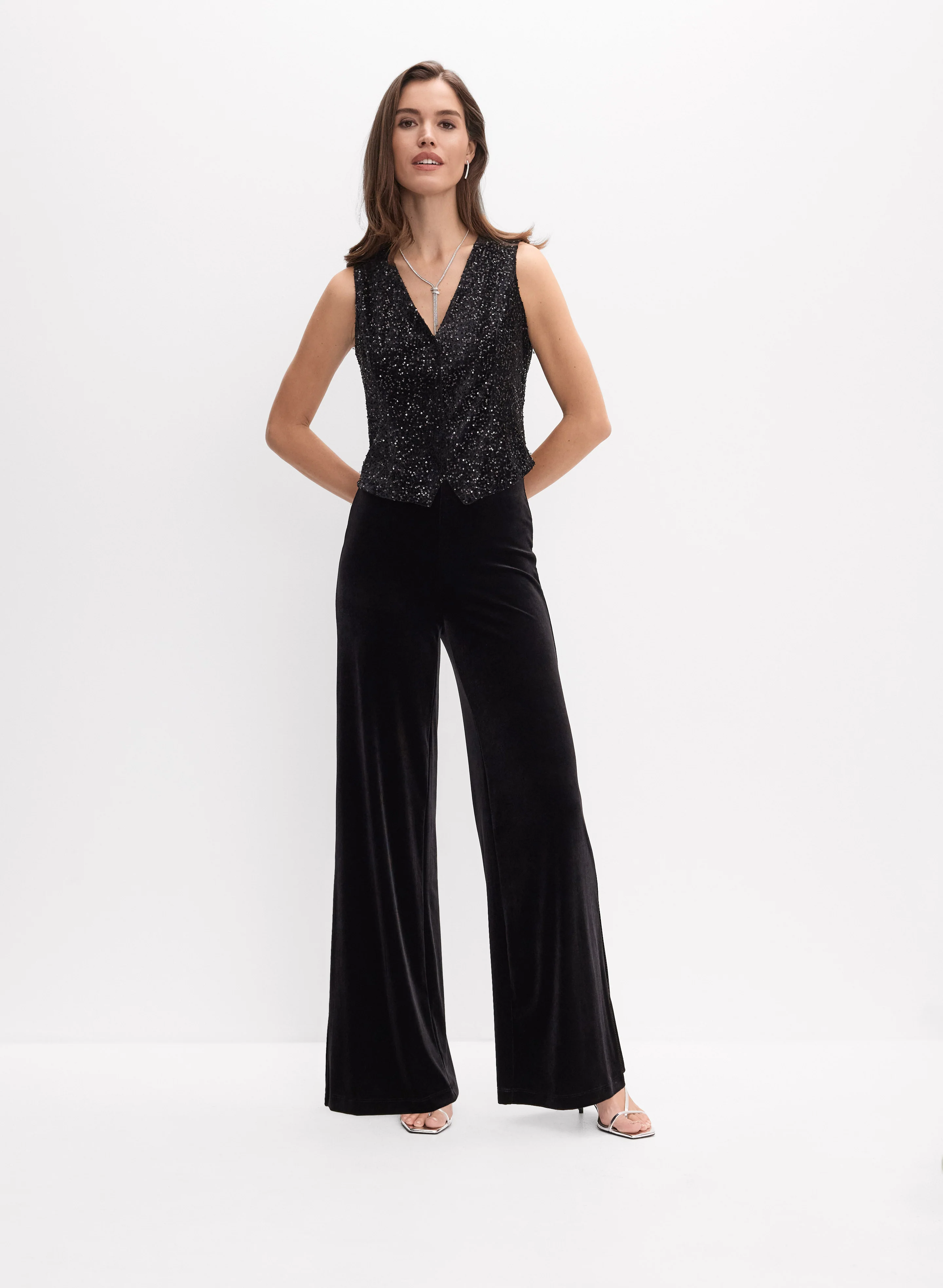 Sequin Embellished Vest & Velvet Wide-Leg Pants