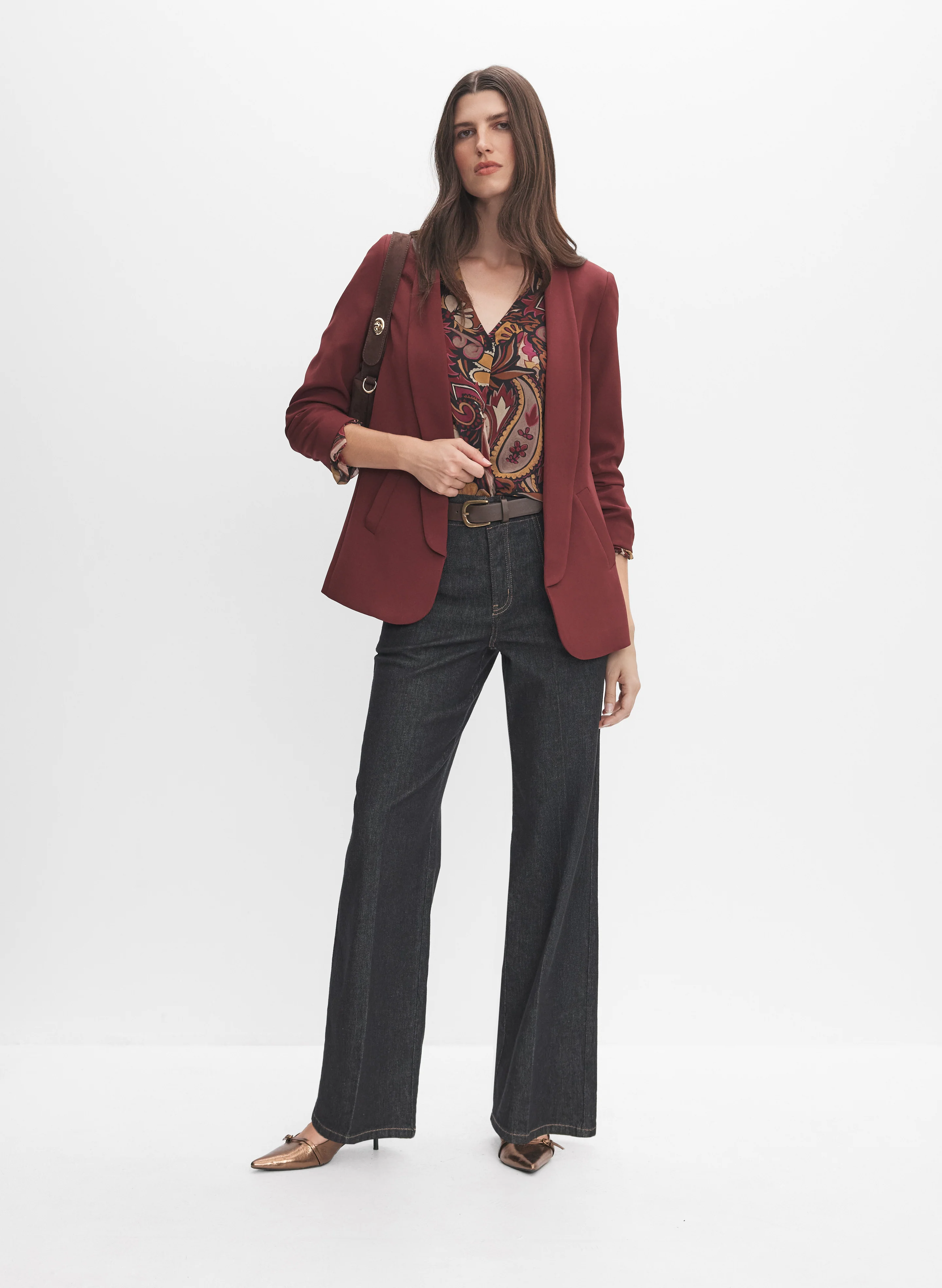 Shawl Collar Blazer & Belted Wide-Leg Jeans