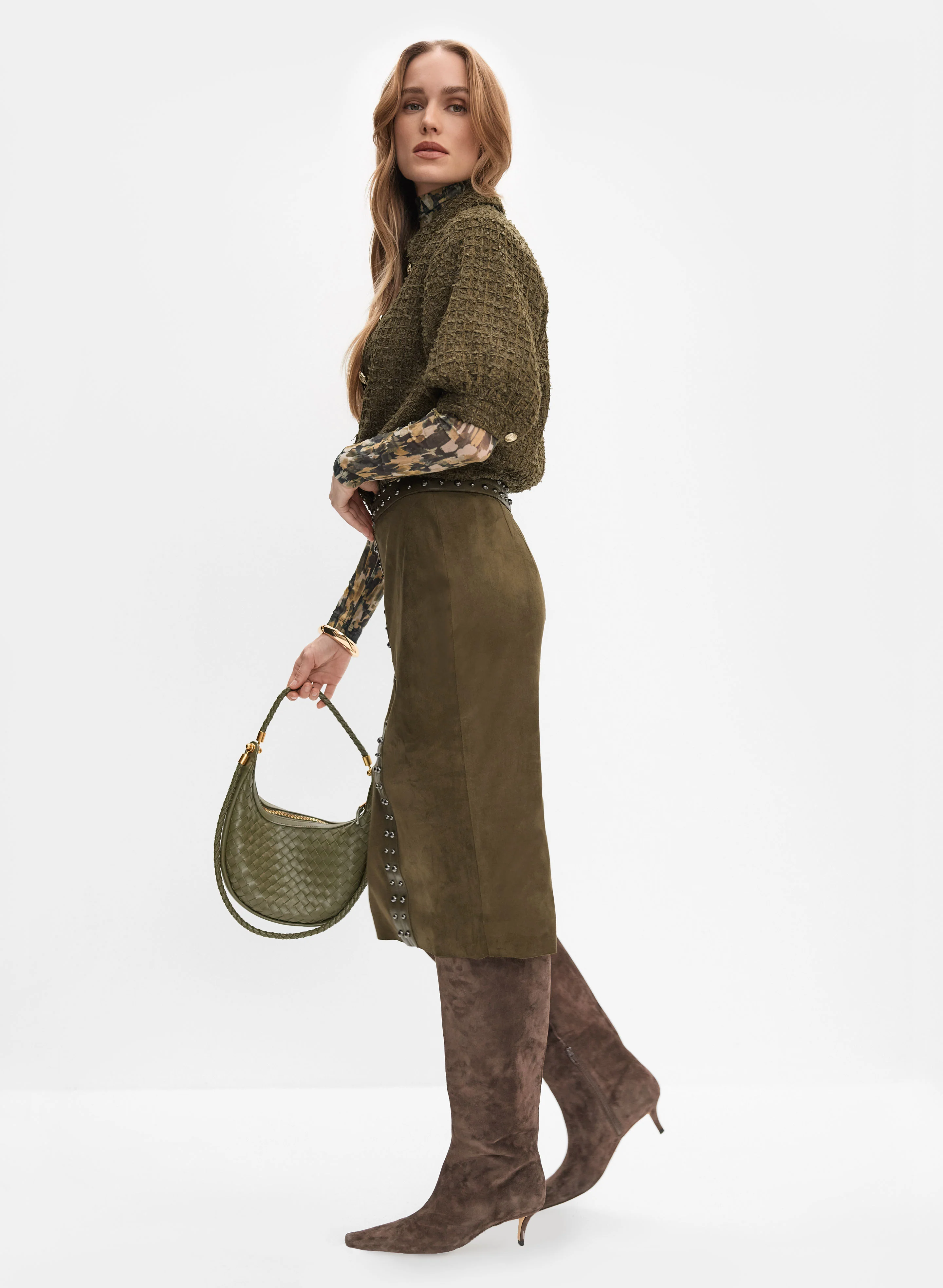 Short Bouclé Jacket & Faux-Suede Midi Skirt