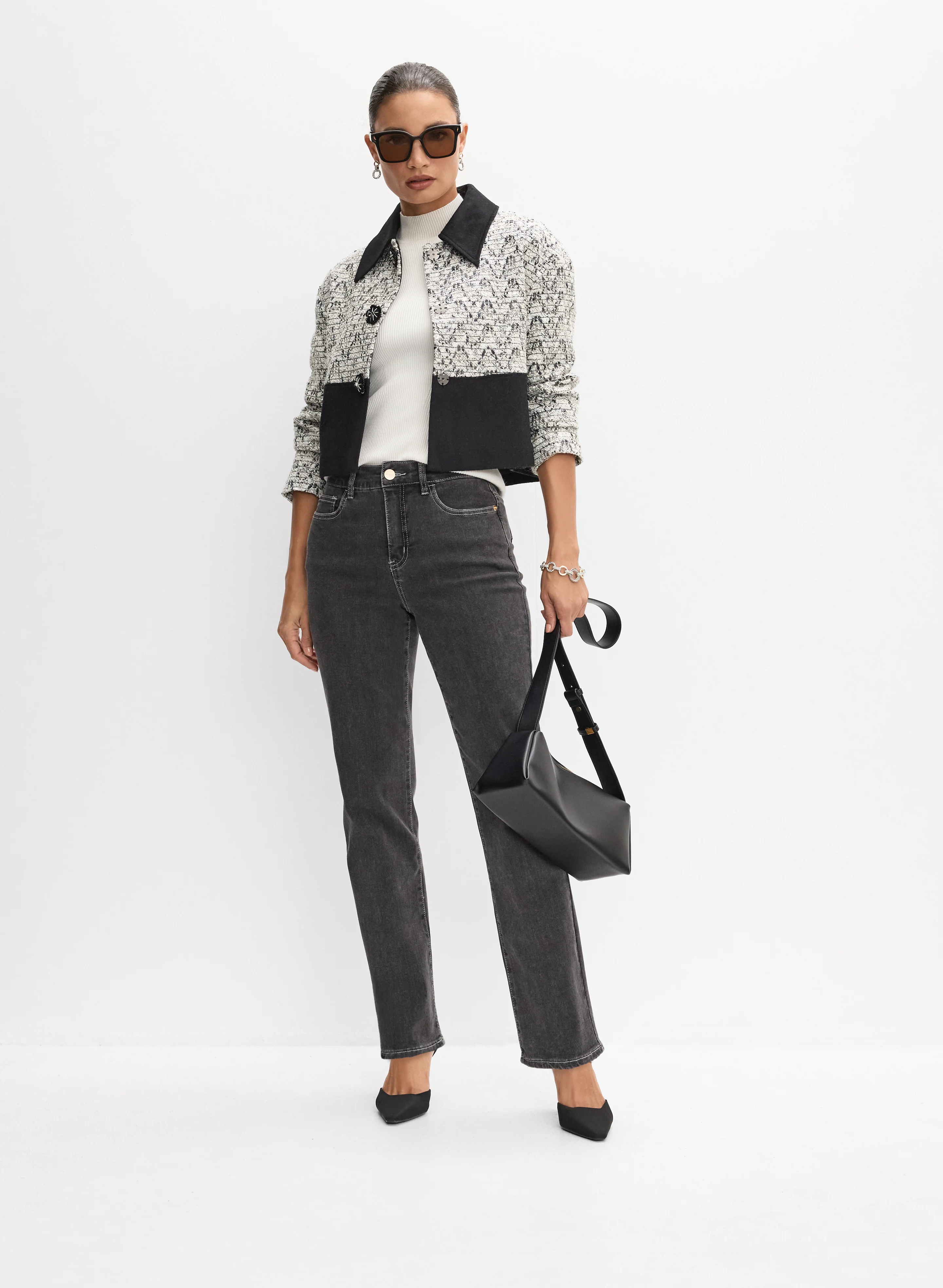 Short Tweed Jacket & Buckle Detail Straight-Leg Jeans