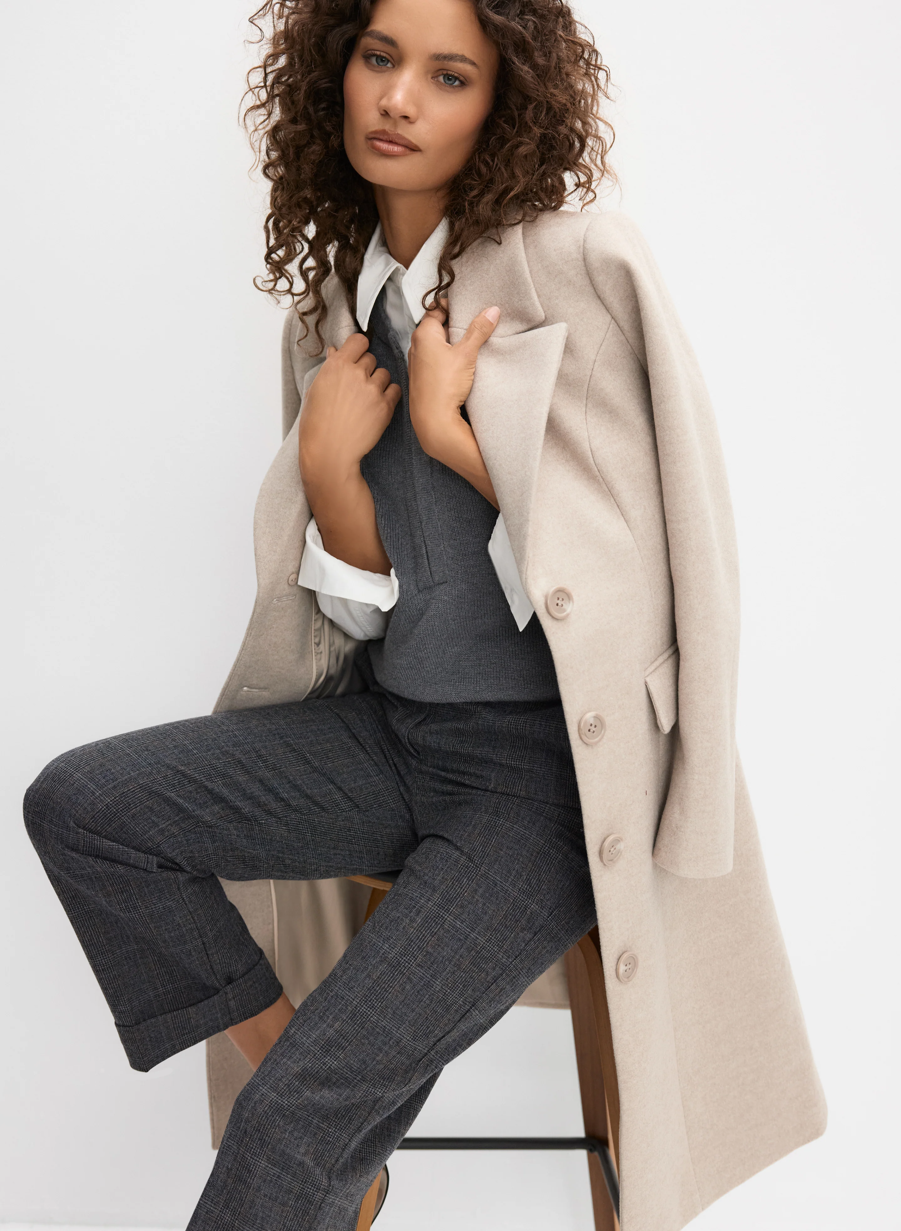 Stretch Wool-Blend Coat & Plaid Straight-Leg Pants
