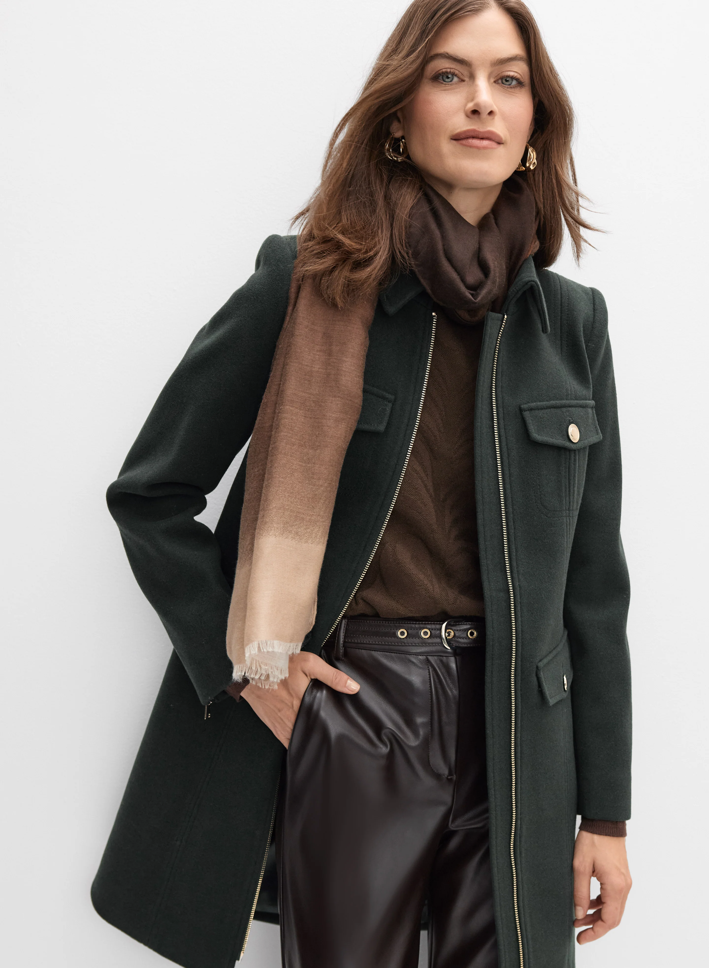 Stretch Wool-Blend Zip Coat & Floral Embossed Sweater