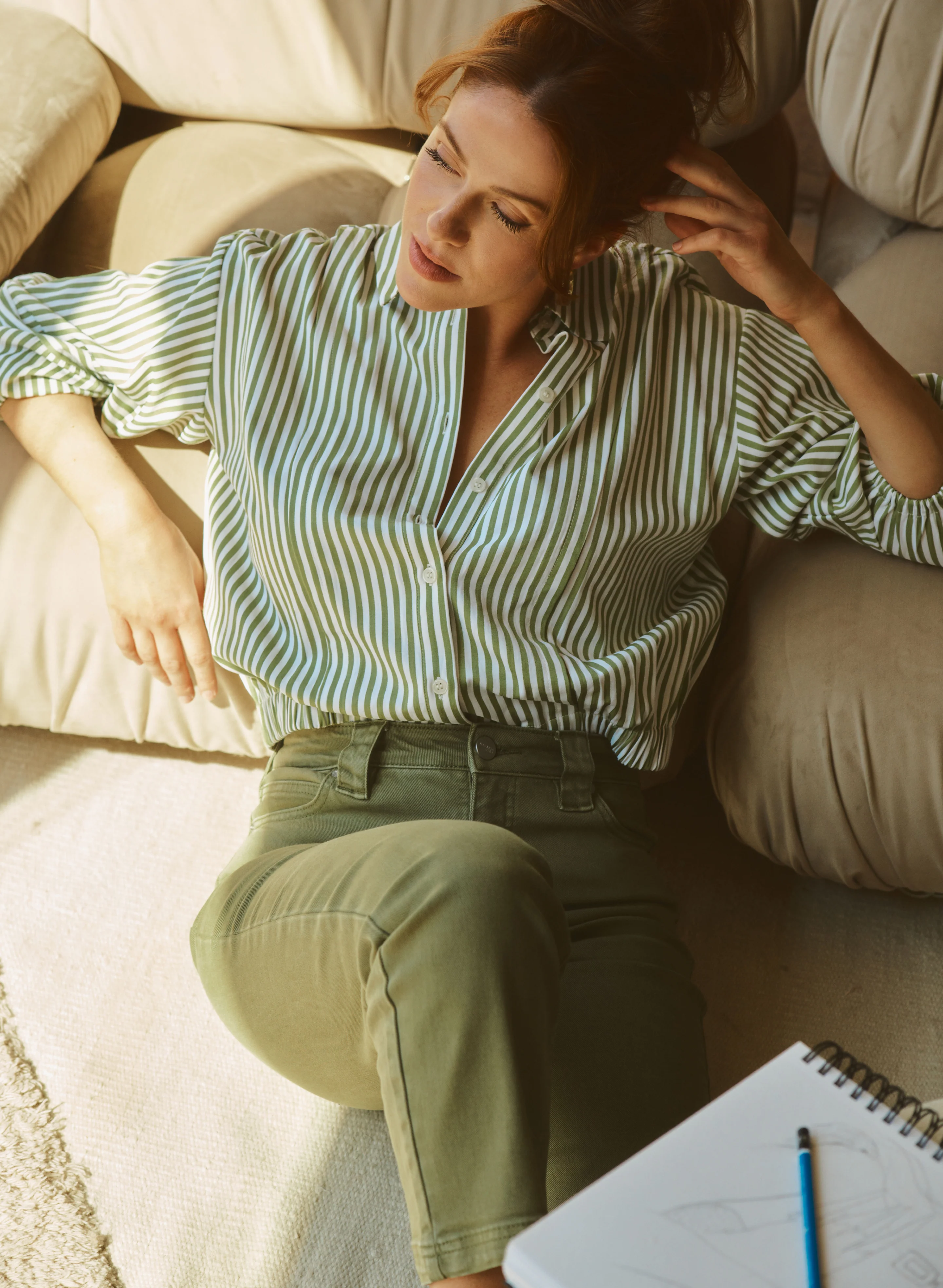 Striped Button-Down Blouse & Cropped Straight-Leg Jeans