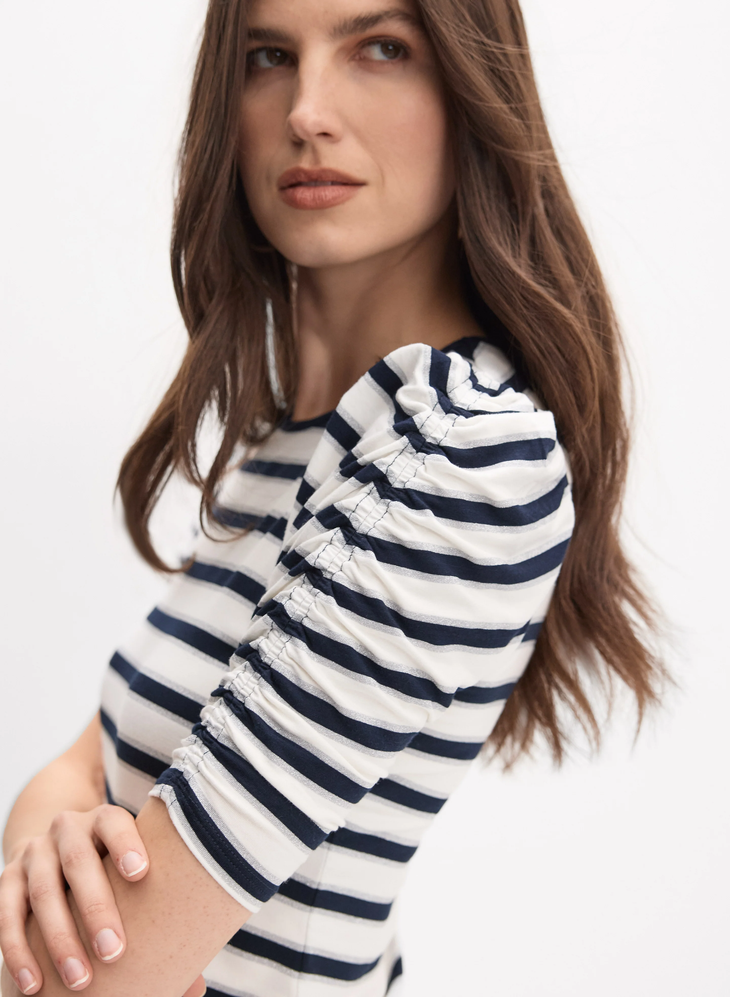 Stripe Ruched Sleeve T-Shirt - Image 2