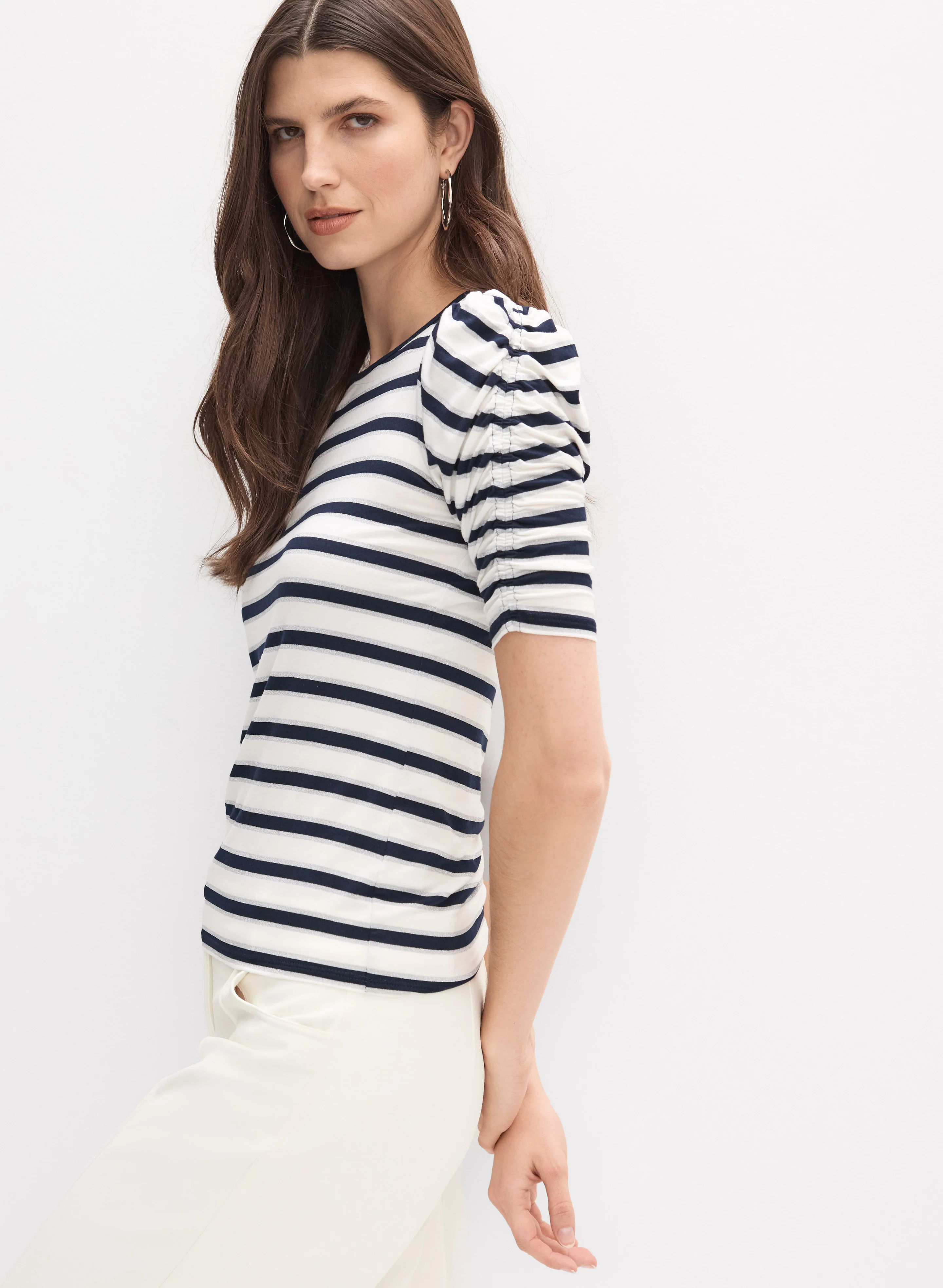 Stripe Ruched Sleeve T-Shirt - Image 5