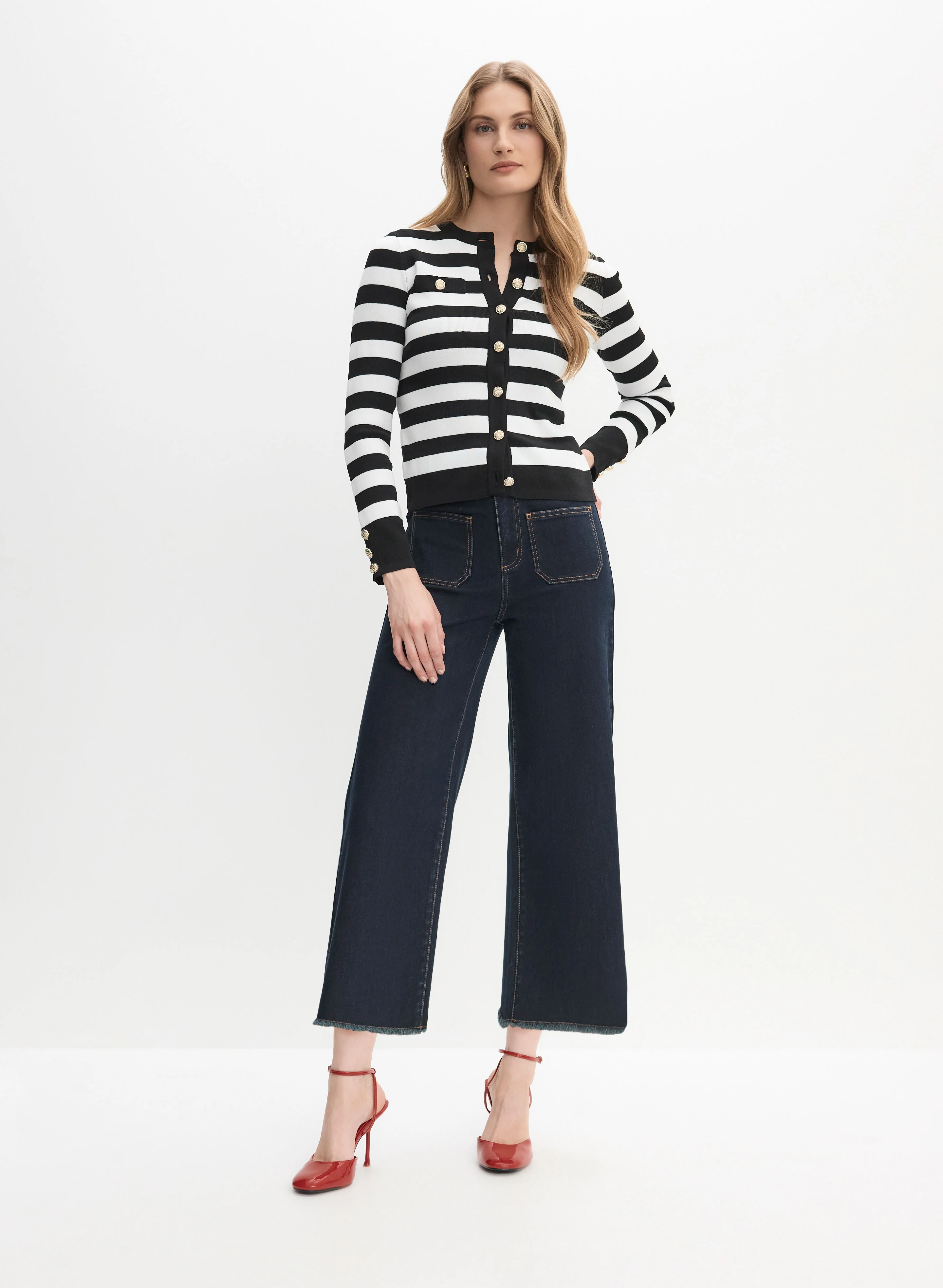 Striped Button-Up Sweater & Wide Leg Culotte Jeans