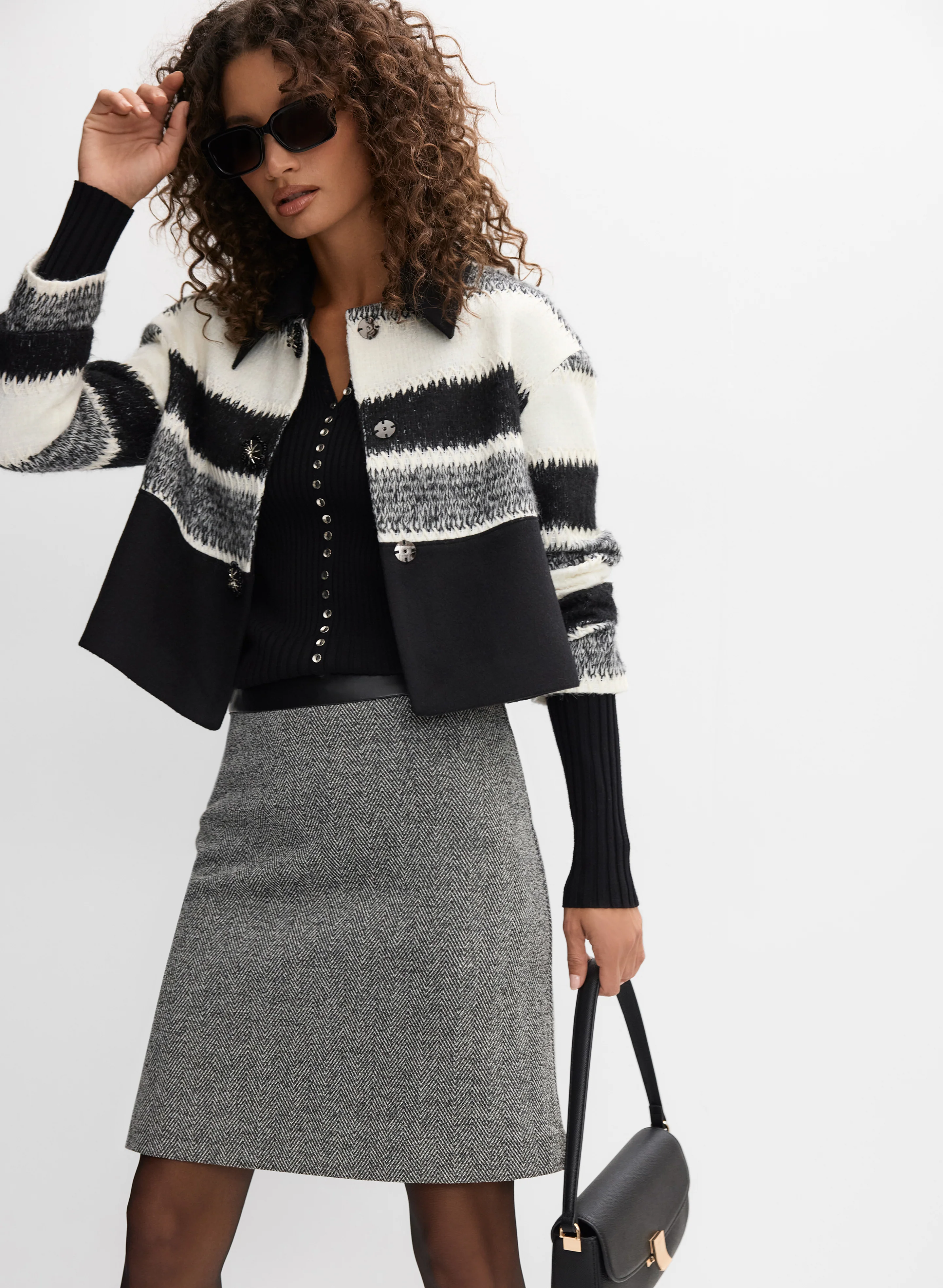 Striped Cropped Jacket & Herringbone Pencil Skirt