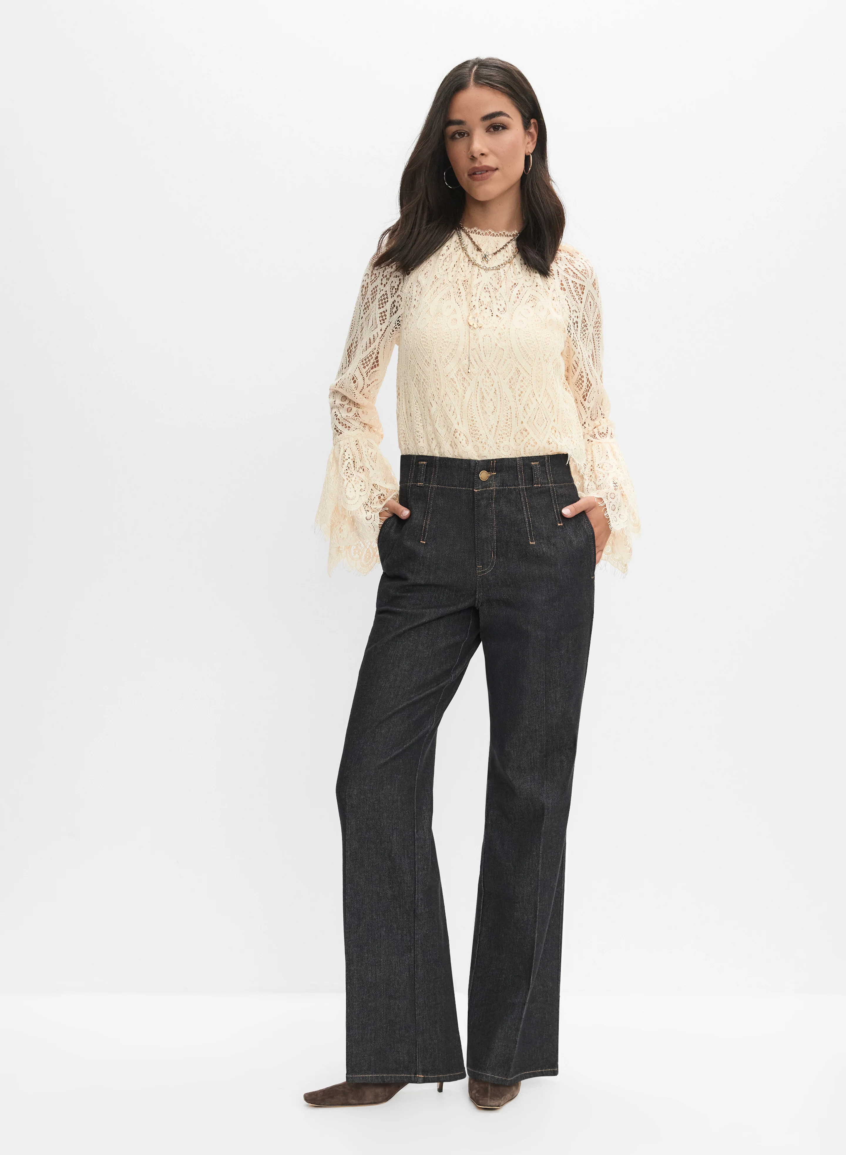 Tiered Lace Blouse & Belted Wide-Leg Jeans