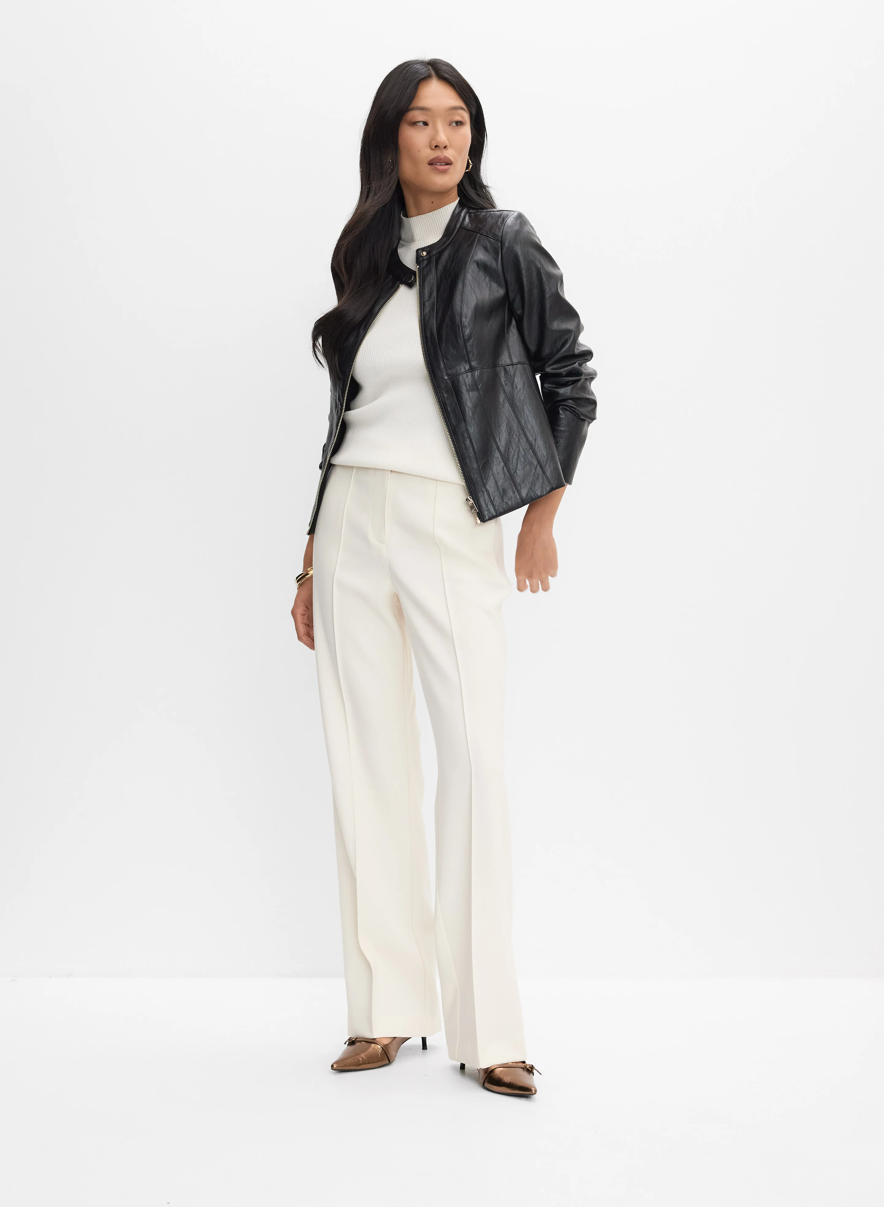 Vegan Leather Jacket & Pinched Seam Trousers