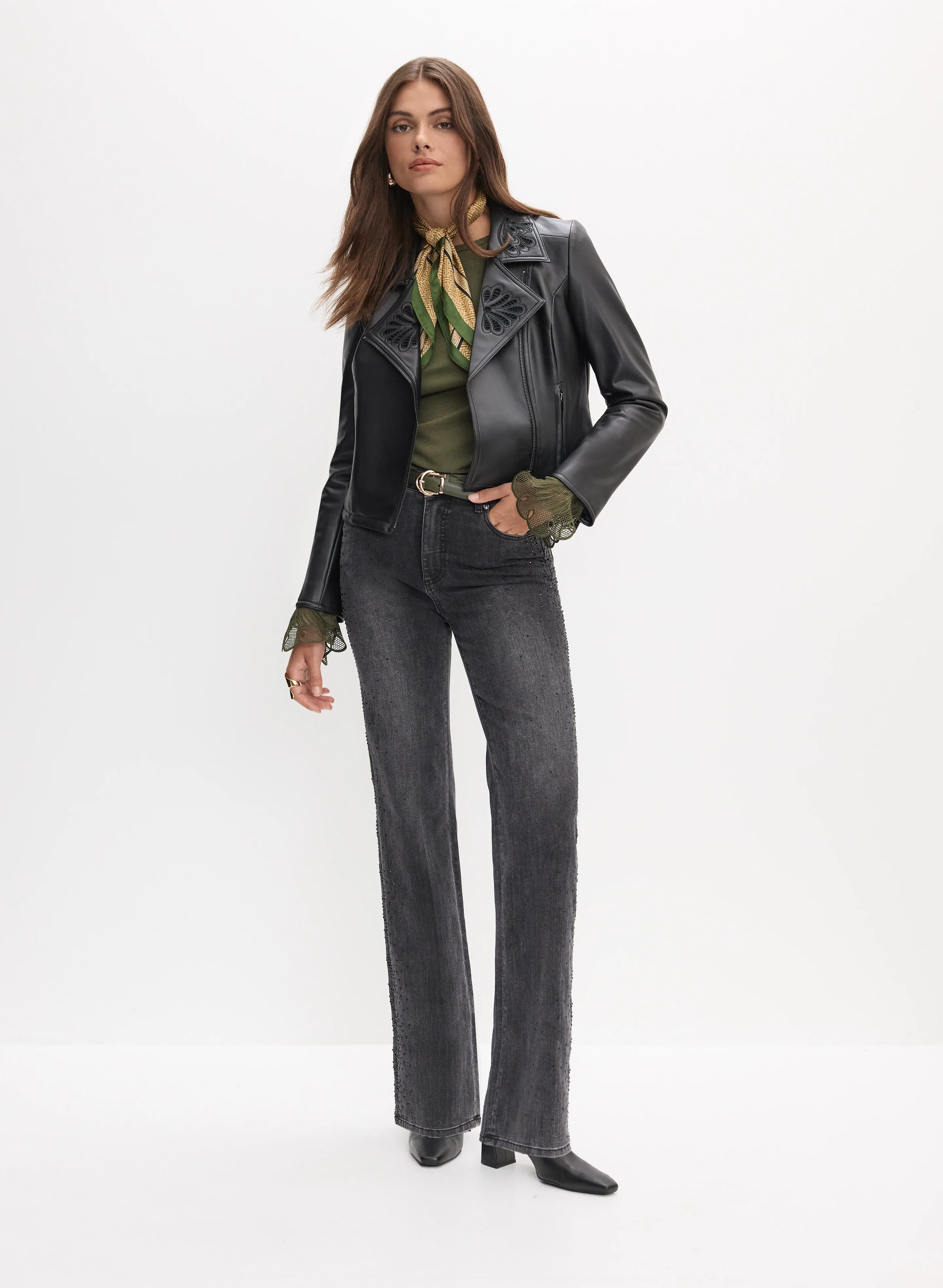 Vegan Leather Jacket & Rhinestone Embellished Wide Leg Jeans