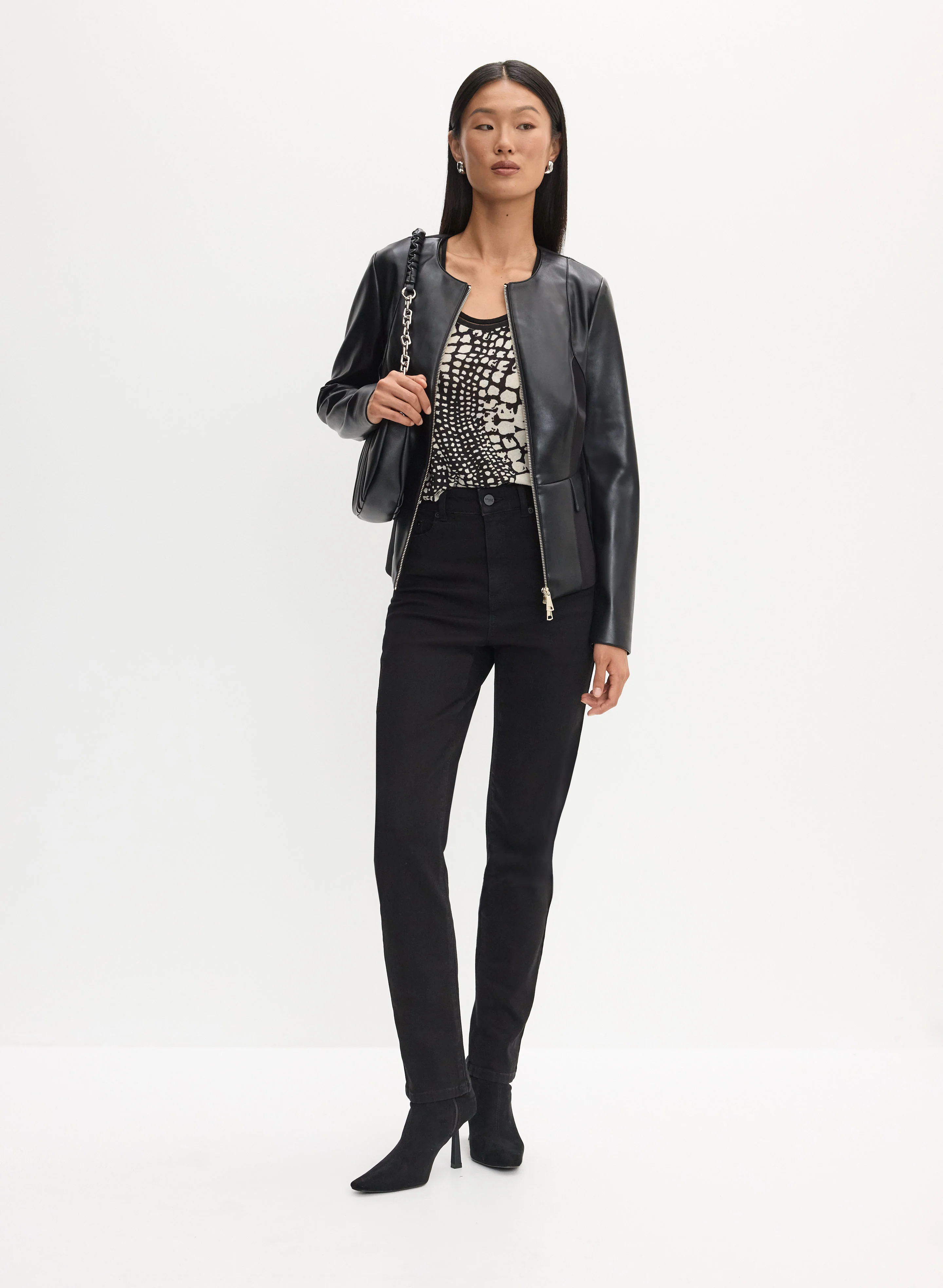 Vegan Leather Jacket & Straight Leg Jeans