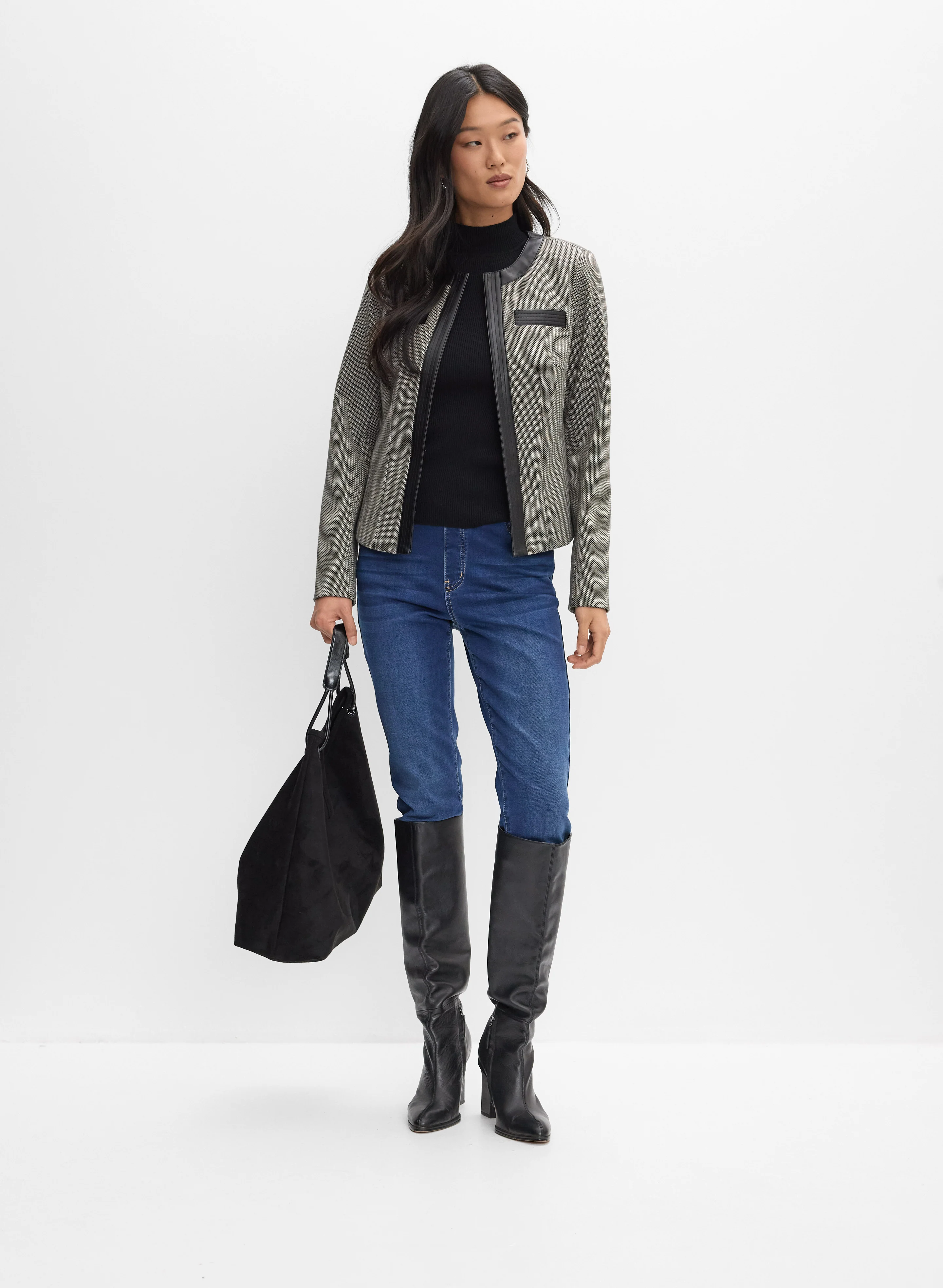 Vegan Leather Trim Jacket & Pull-On Denim Leggings
