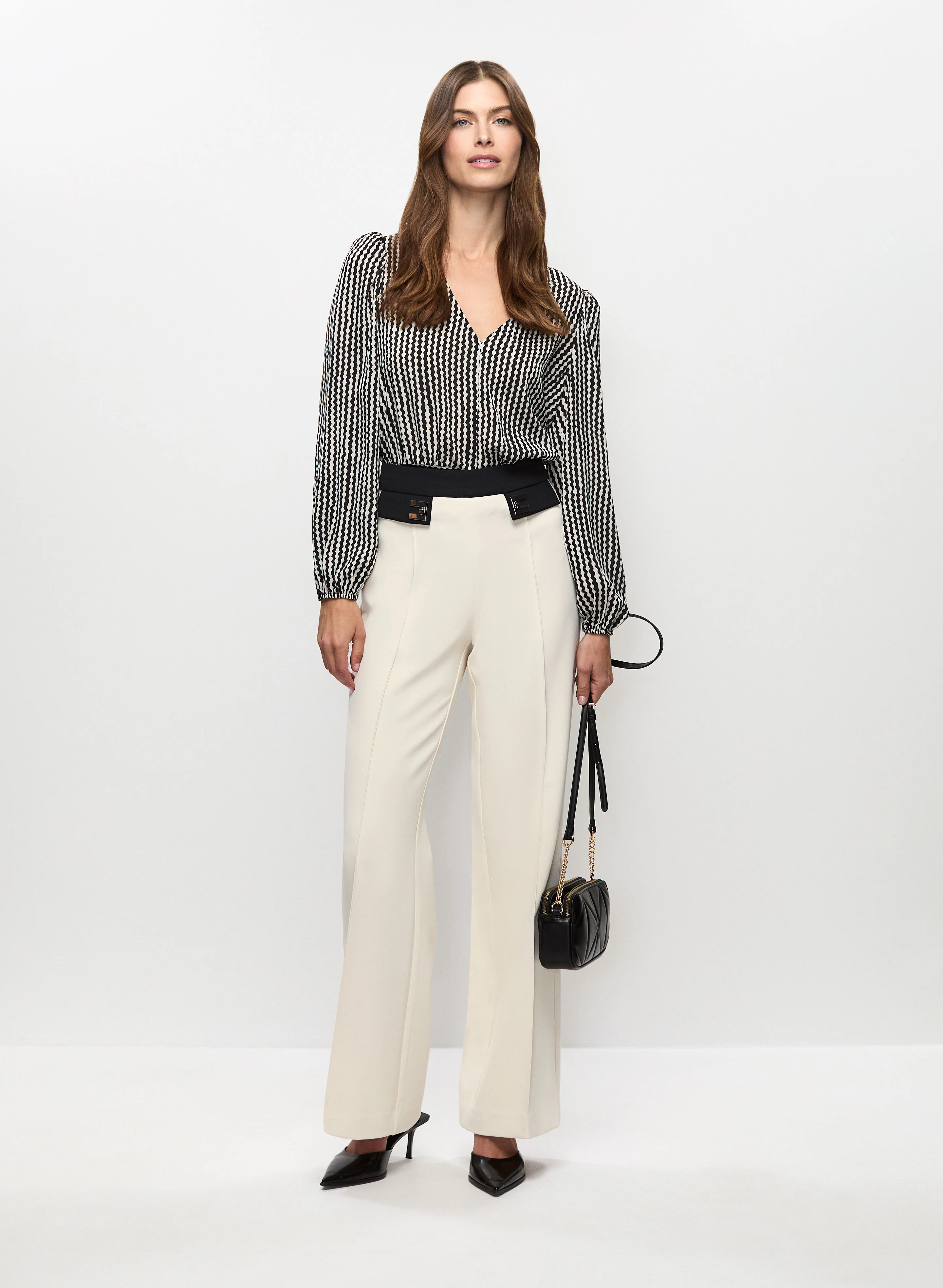 Wavy Pattern Blouse & Colour Block Flare Leg Pants