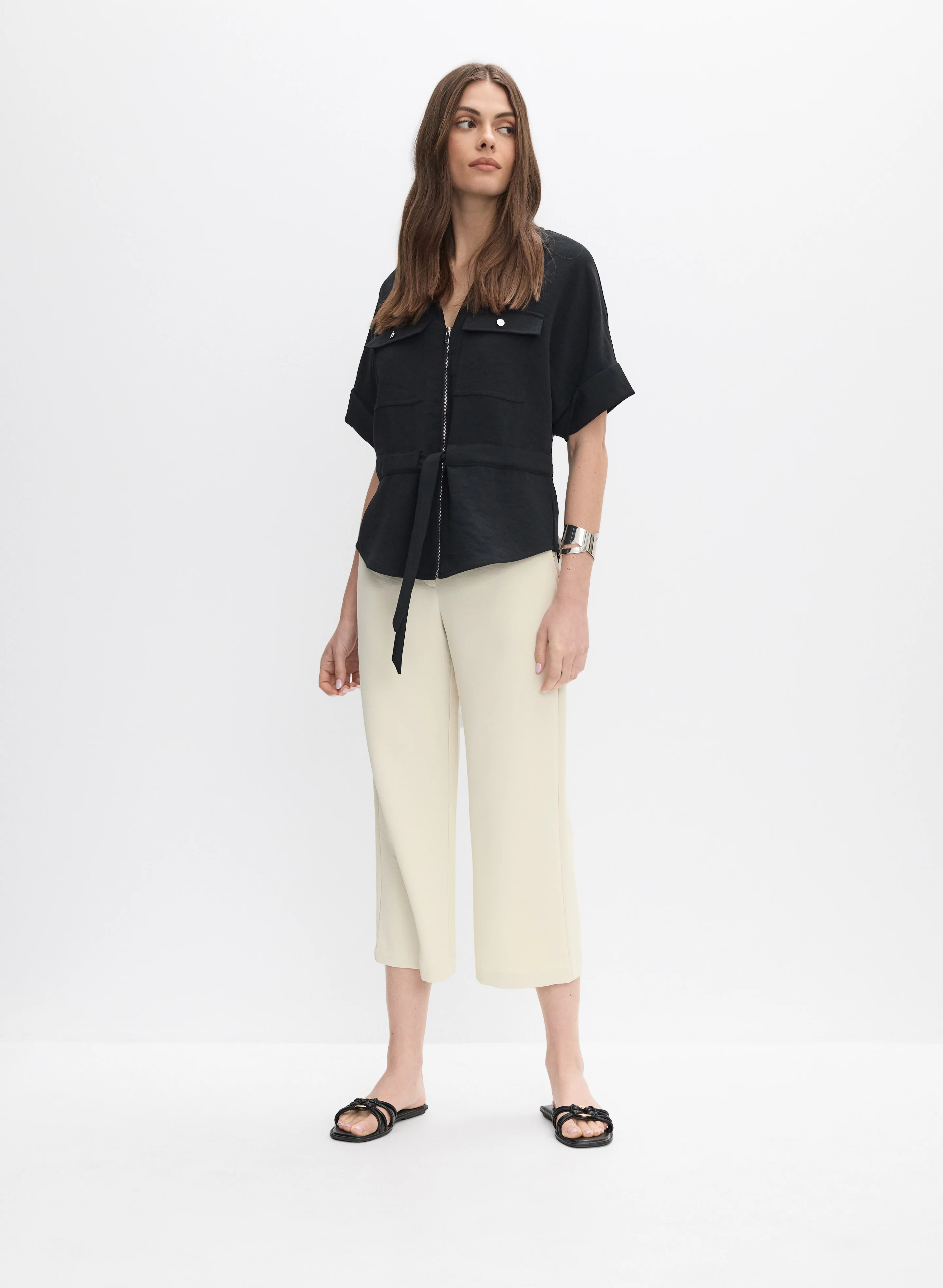 Zip & Drawstring Jacket & Crinkle Culotte Capris