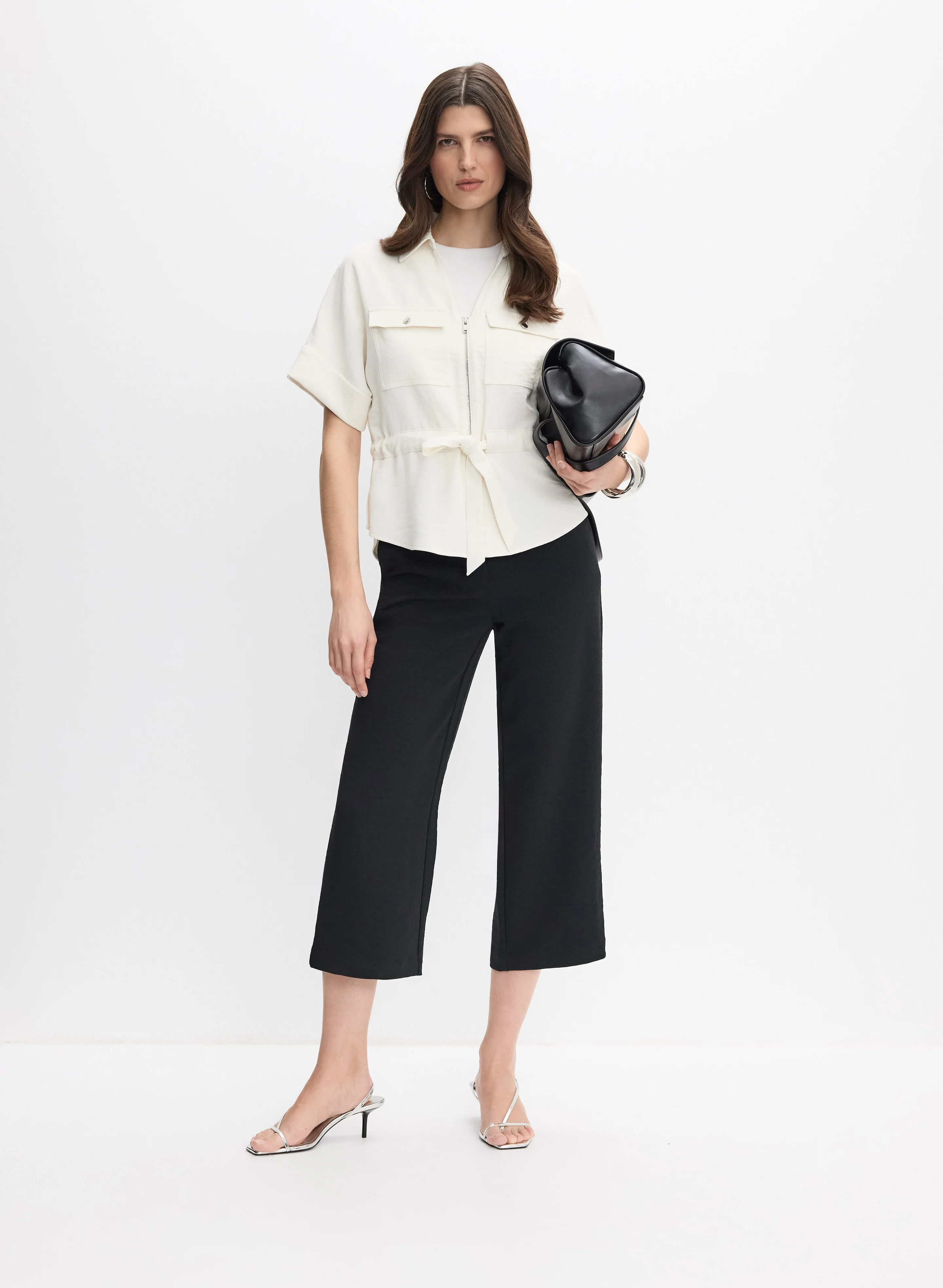 Zip & Drawstring Jacket & Crinkle Culotte Capris